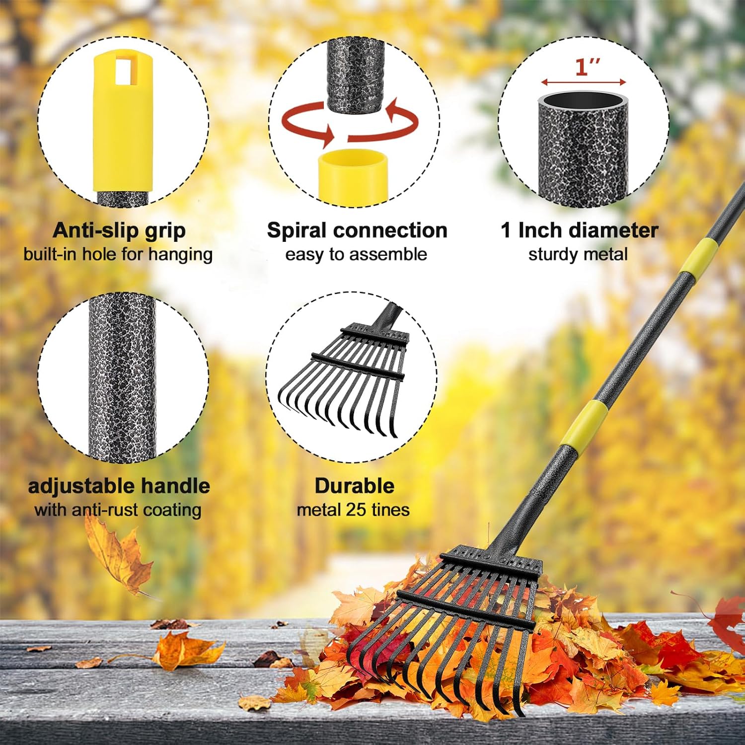 COCONUT 6FT Adjustable Metal Head & Handle Leaf Rake for Lawns, 11 Tines, Gray