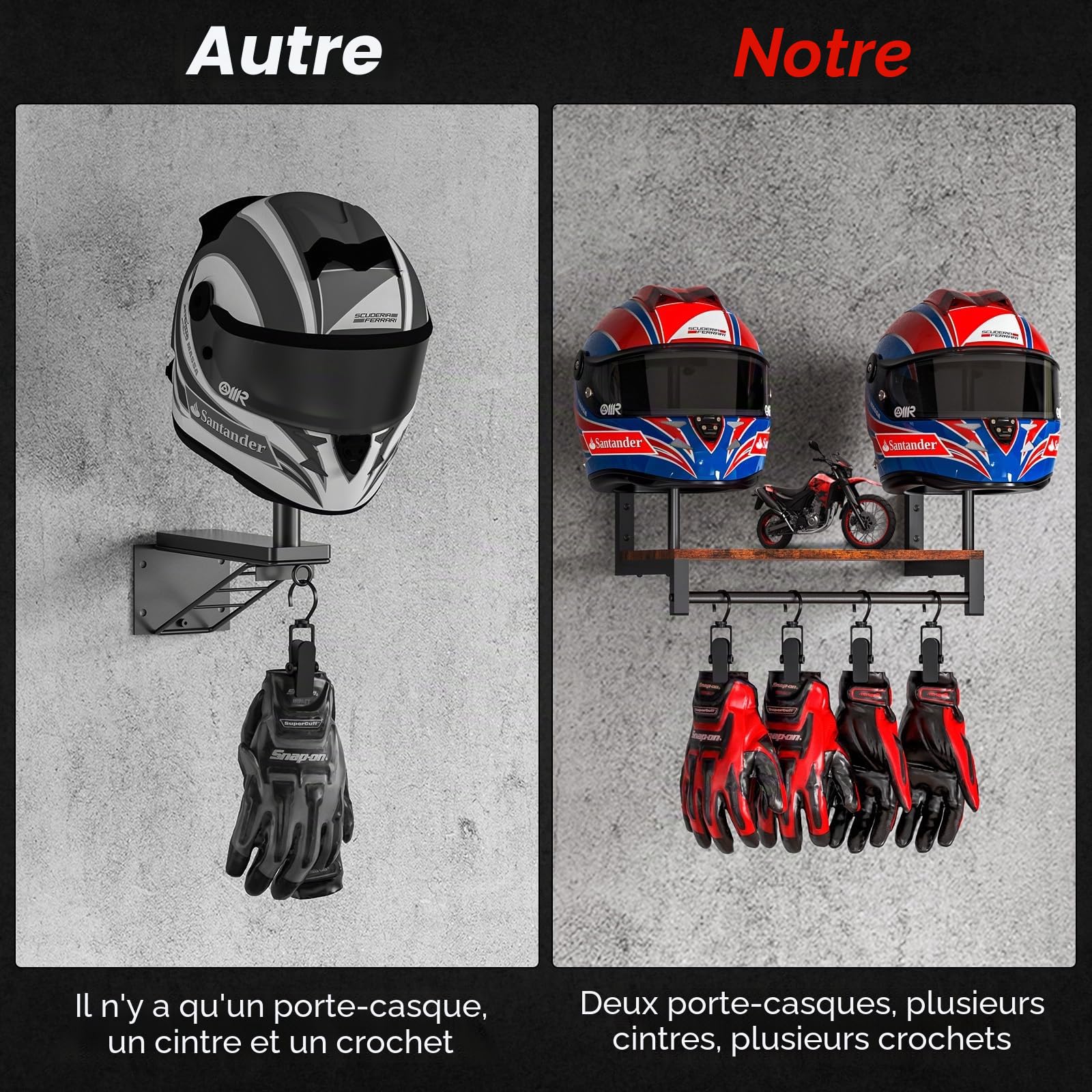 Porte Casque Moto Mural 2 Casques 4 Crochets Rangement Polyvalent Planches en Bois Marron Foncé