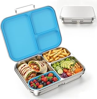 Stainless Steel Bento Lunch Box for Kids and Adults,3 Compartment Meal Lunch Box with Detachable Silicone Lid,Leak-Resistant Food Container with Snack Cup for School,BPA-Free(Blue)