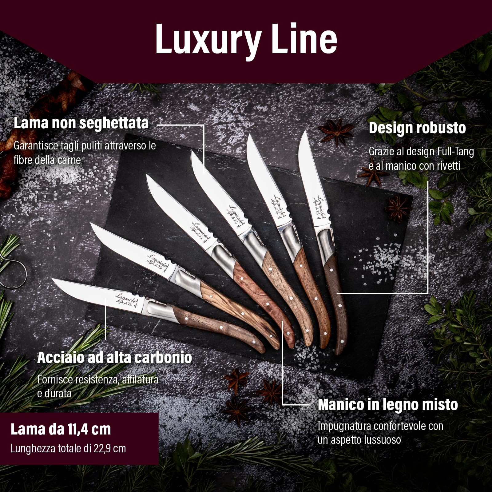 Laguiole Style de Vie Coltello da bistecca, Luxury Line, 6 pezzi, legno misto