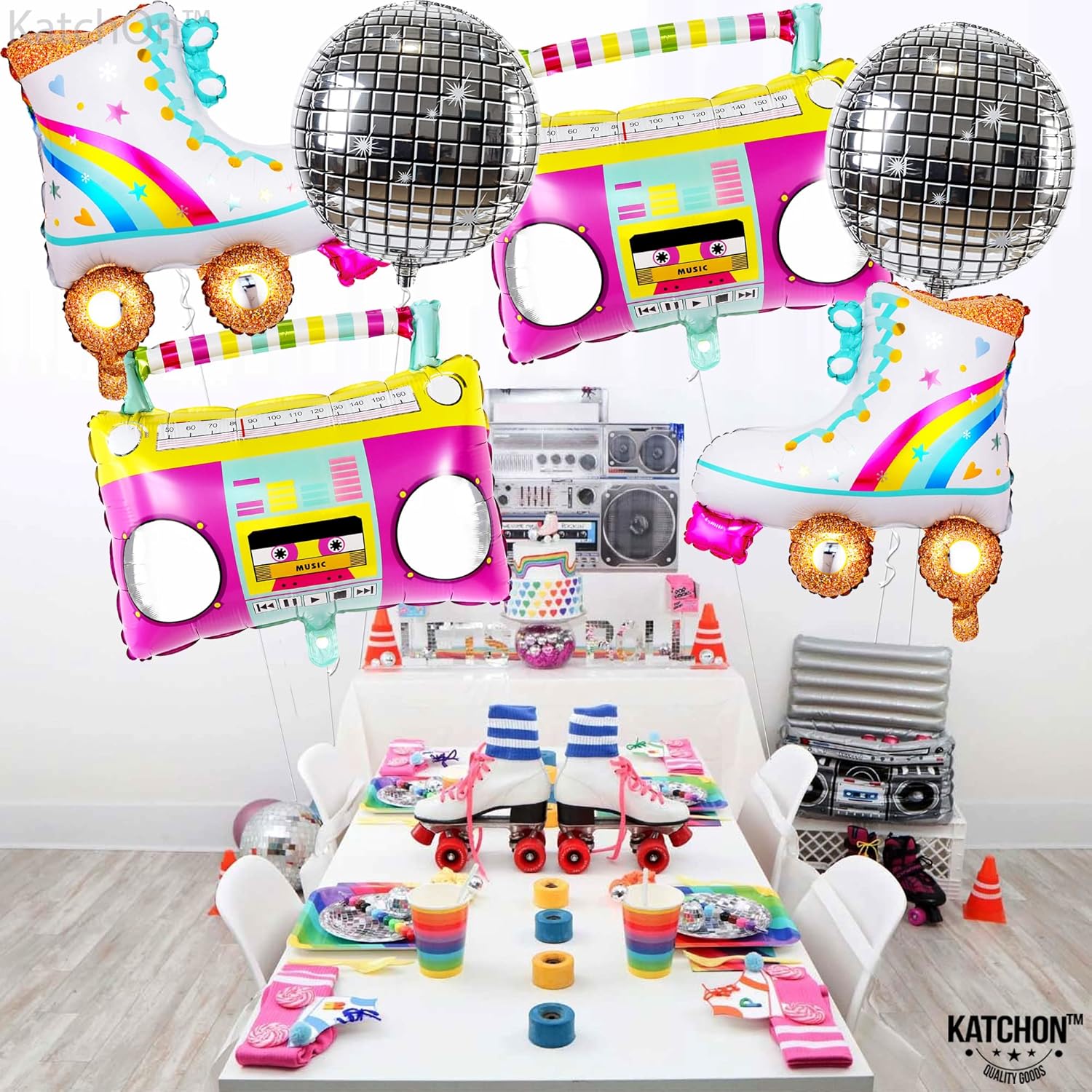Katchon, Big Roller Skate, Disco Balloon Set, 25 Inch | 4D Round Silver Balloon | Retro Theme Hip Hop Party, Birthday Parties 70s 80s 90s Theme, Disco Ball Party Decorations, Roller Disco Party Décor