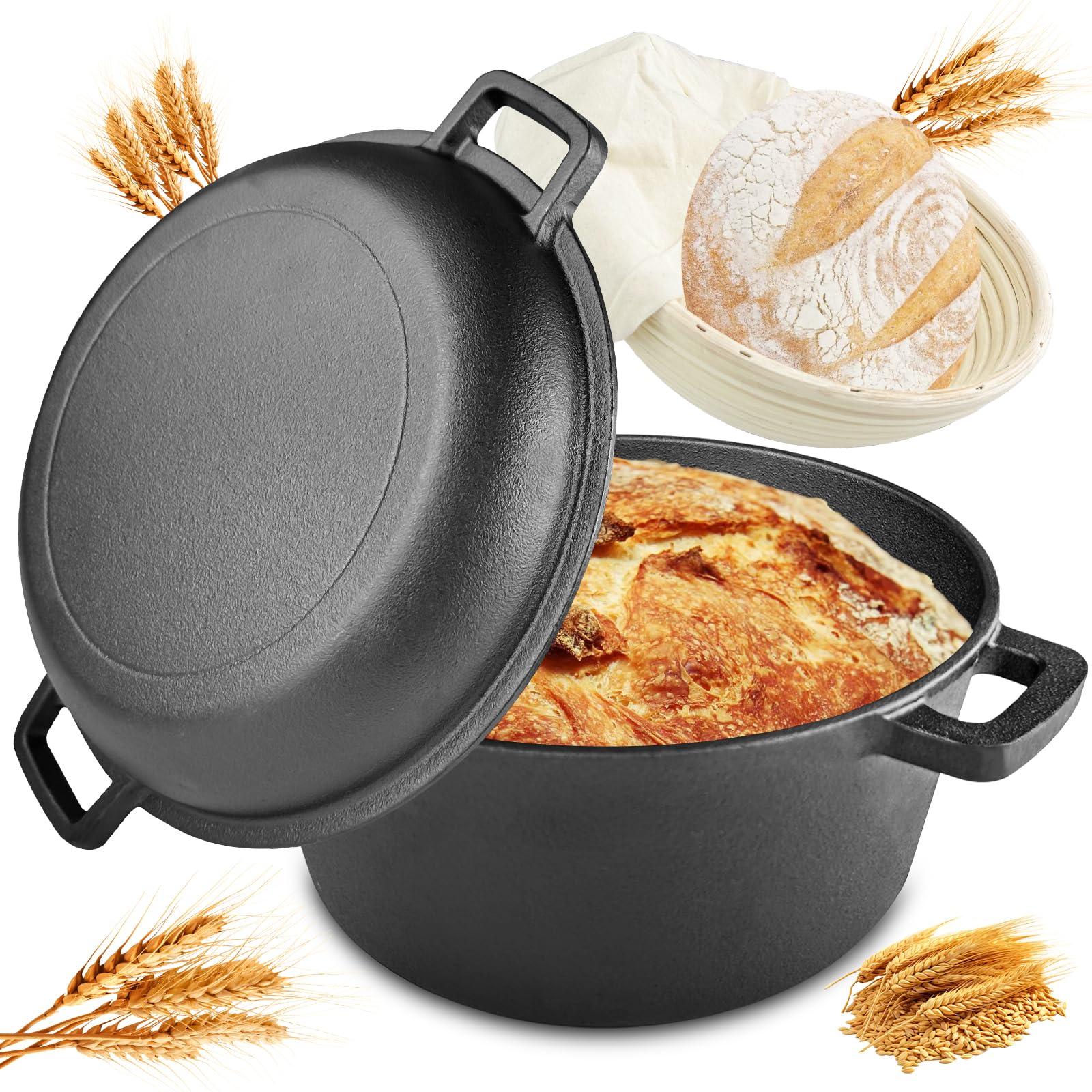 Olla de Hierro Fundido 26 cm, Para Hornear Pan Olla con Cesta de Fermentación, Horno Holandés 2 en 1, Sartén Robusta Para Hornear Pan, para Camping, Cocina, Casera, Barbacoa, Bake