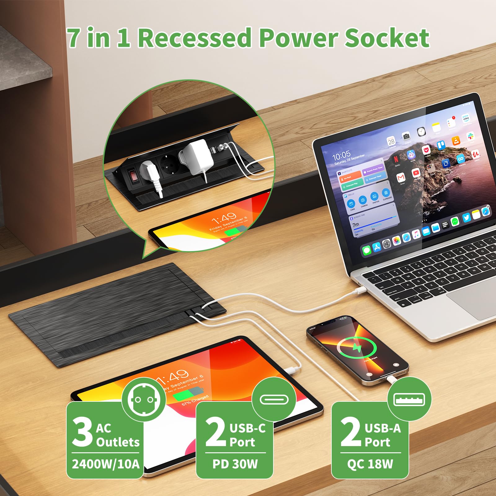 Intrekbare stekkerdoos USB C PD20W en 3 m kabel, aluminium inbouwstopcontact, inschuifbaar, 2-voudig met USB, tafelblad verzonken stopcontact voor werkblad, keuken, kantoor, 2500 W/10 A