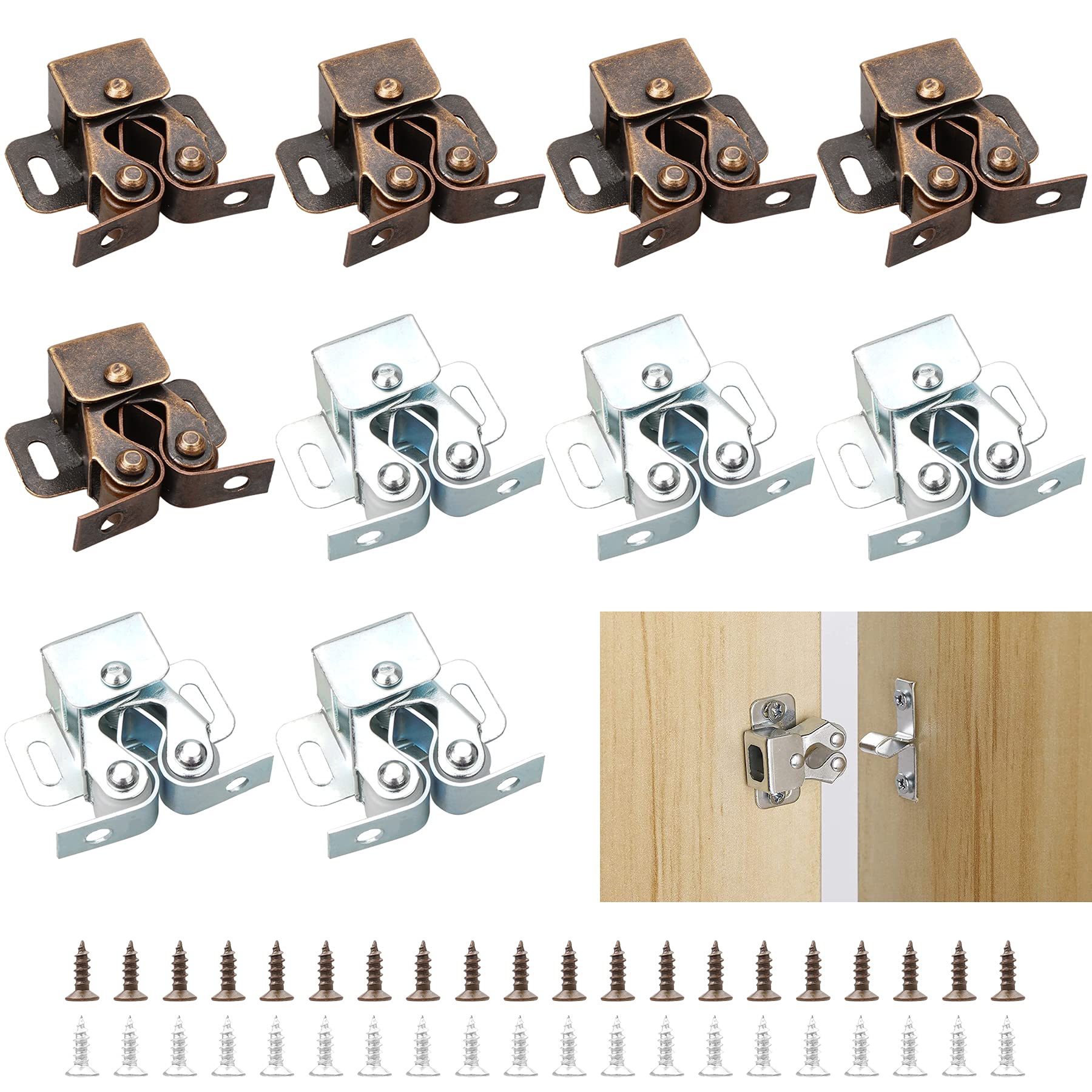 YEYIT 10 Pcs Double Roller Catch,Twin Roller Closet Catch, Cupboard Cabinet Wardrobe Door Latch with 40 Screws (Zinc Plated)
