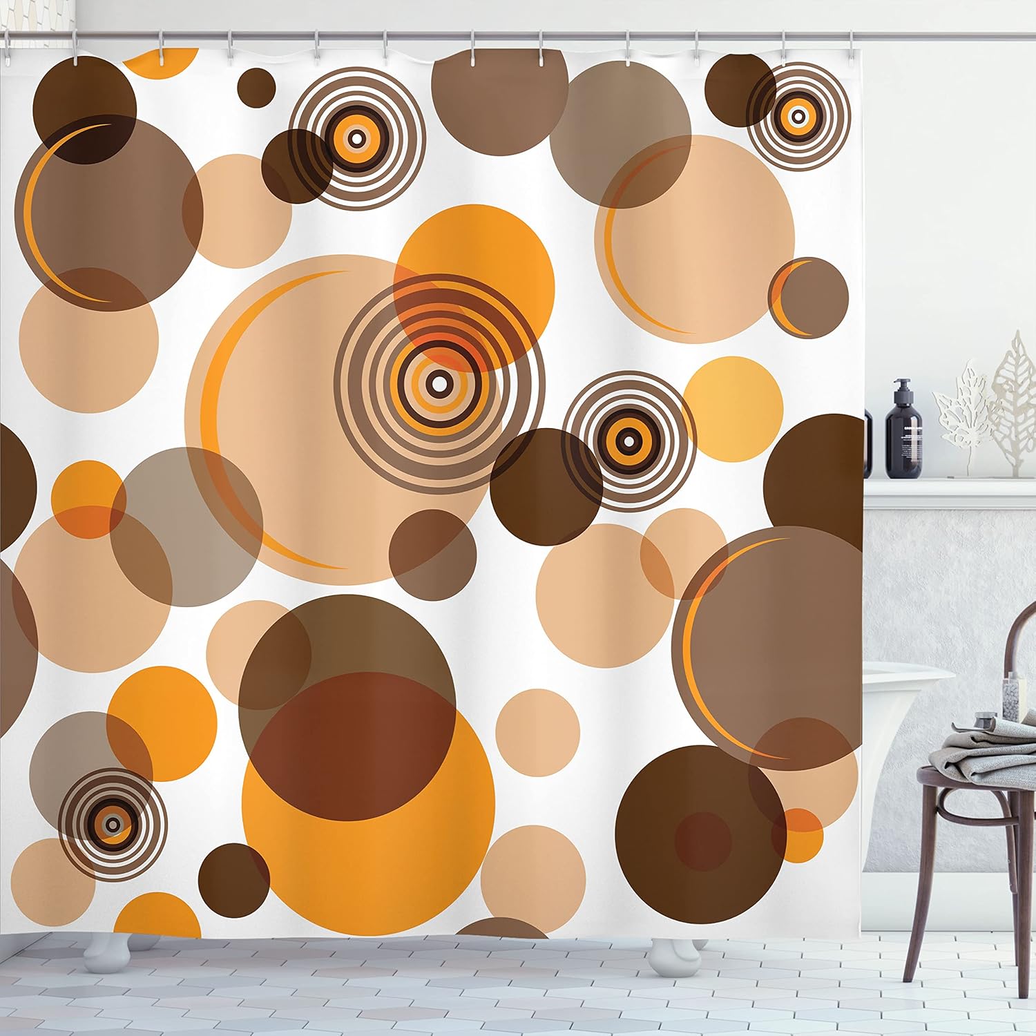 Ambesonne Earth Tones Shower Curtain, Abstract Pastel Pattern with Overlapping Chaotic Spots and Ring Shapes, Cloth Fabric Bathroom Decor Set with Hooks, 69" W x 70" L, Orange Brown