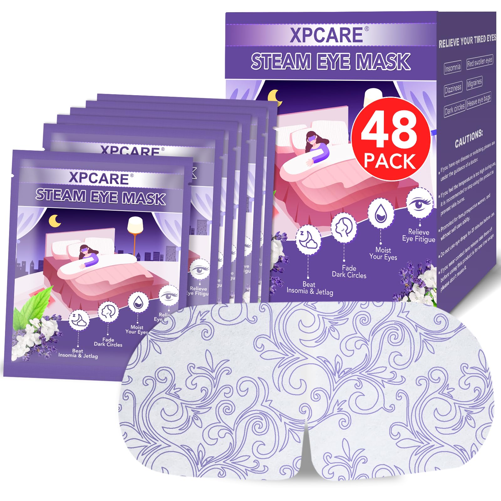 XPCARE 48 Pack Steam Eye Masks for Dry Eyes, Self Heated Steam Warm Eye Mask, Disposable Heated Eye Mask for Dark Circles, Puffy Eyes, Relief Stress