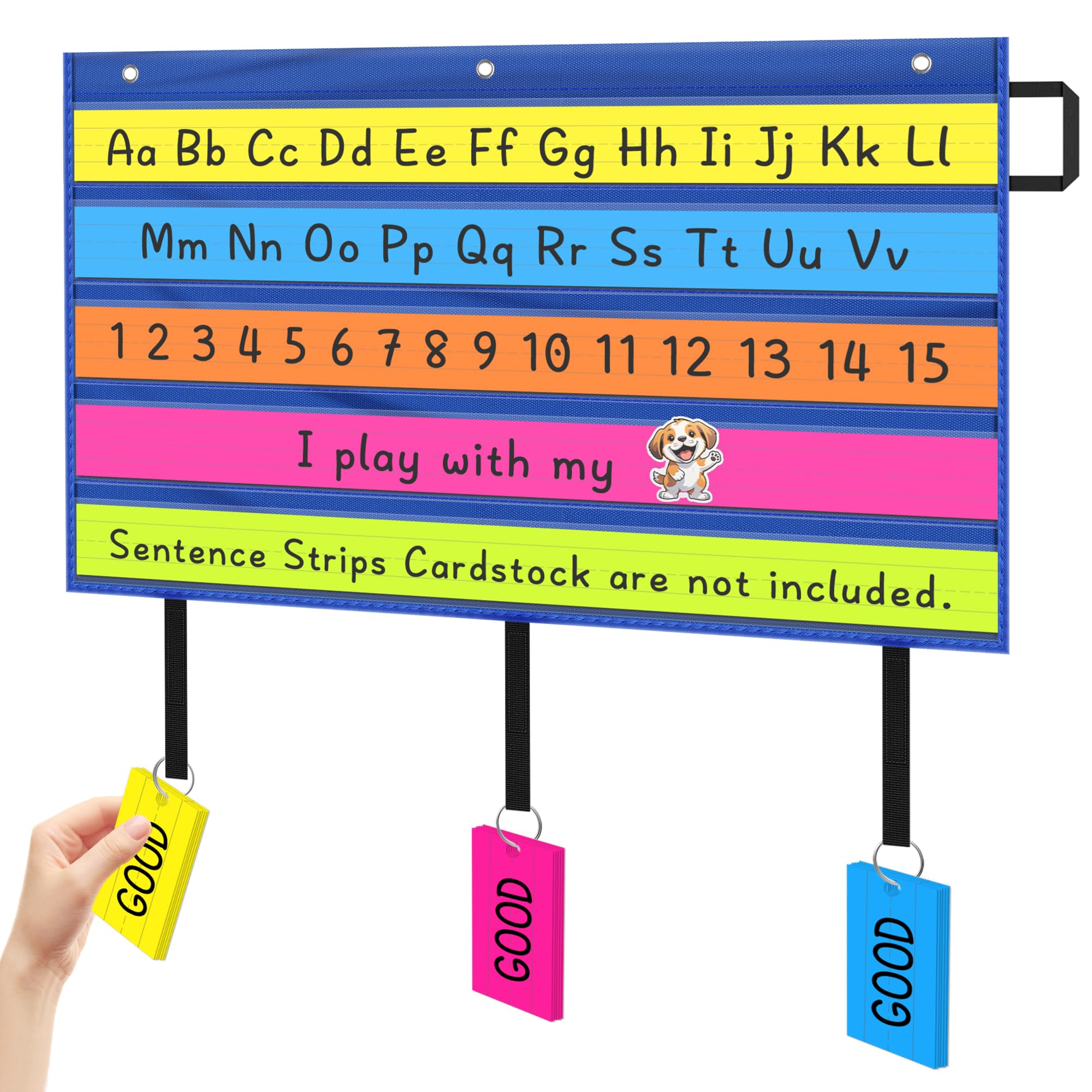 AKAYOK Sentence Strip Holder- Clear 5 Pocket Chart for Classroom Homeschool Office, Foldable Pocket Chart for Word Wall/Letter Cards/Sentence Strips/