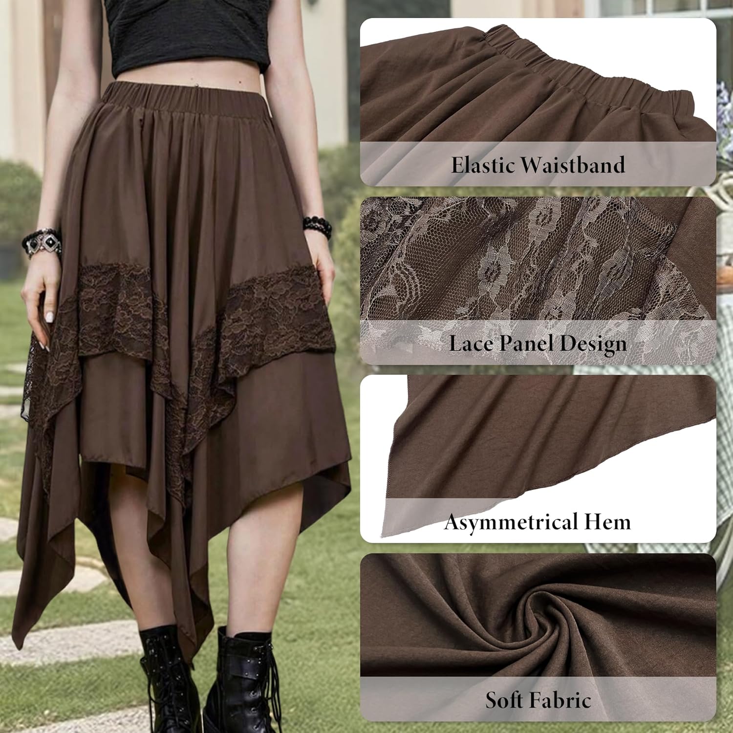 Renaissance Fairy Skirt for Women Lace Layered Y2K Midi Skirts Flowy Asymmetrical Skirt Gothic Pirate Costume - Image 4