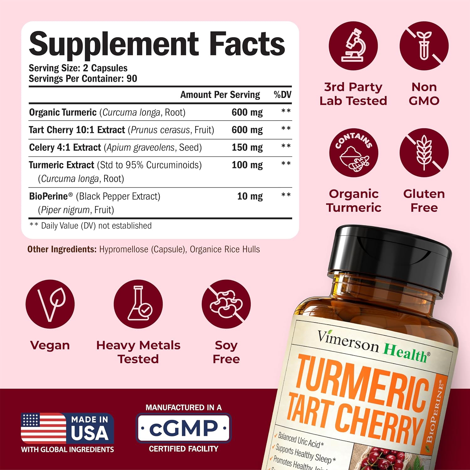 Tart Cherry Capsules – 4-in-1 Turmeric Tart Cherry Supplement for Uric Acid Balance & Joint Health – 10:1 Tart Cherry Extract Capsules with Celery Seed, Turmeric Curcumin & Black Pepper –180 Count