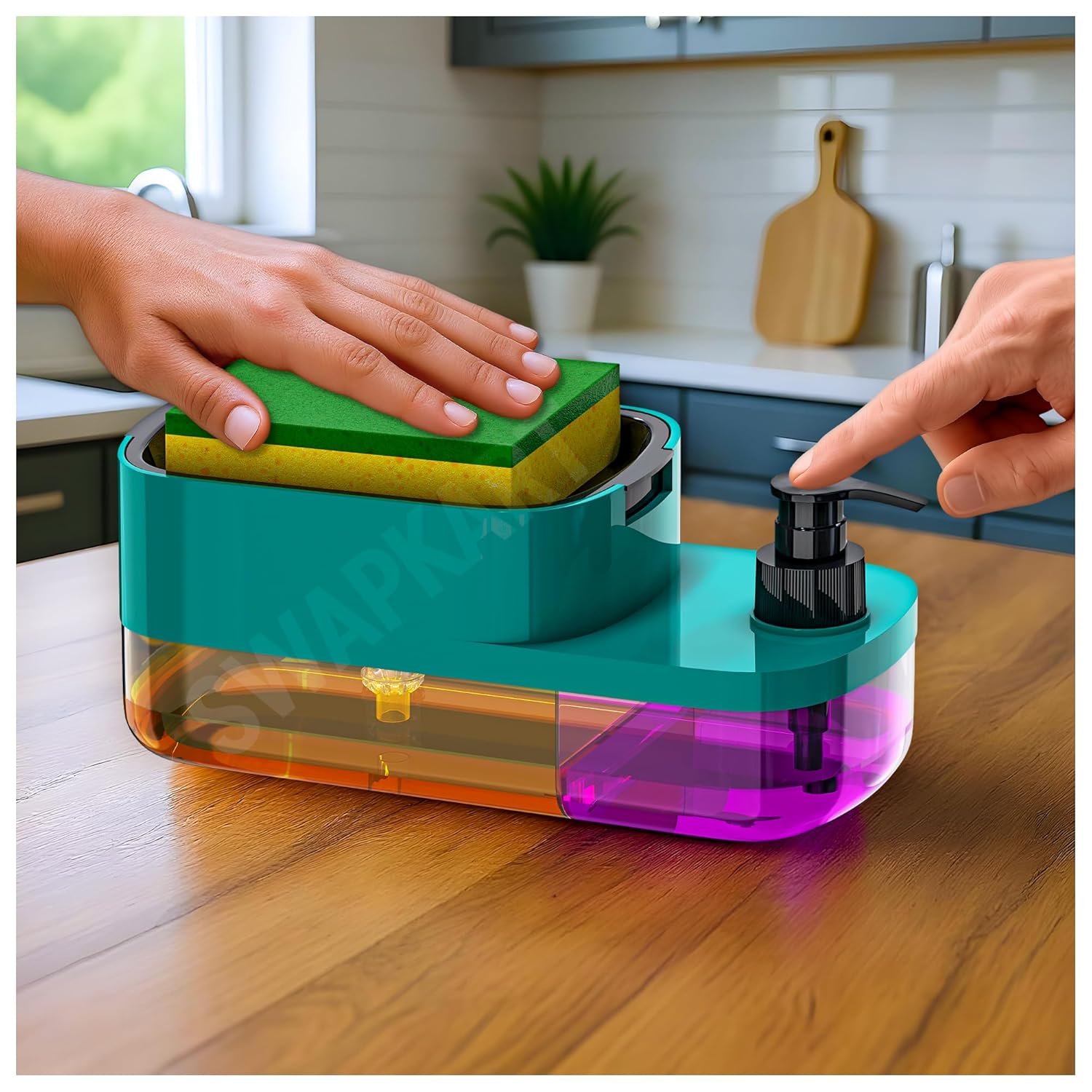 SWAPKART ABS 3 in 1 Soap Pump Dispenser Dish Soap Liquid Dispenser Sponge Holder Dish Soap Pump Dispenser for Kitchen Sink Countertop Bathroom Outdoor Garden(Peacock Colour), Multicolor SWAPKART ABS 3 in 1 Soap Pump Dispenser Dish Soap Liquid Dispenser Sponge Holder Dish Soap Pump Dispenser for Kitchen Sink Countertop Bathroom Outdoor Garden(Peacock Colour), Multicolor