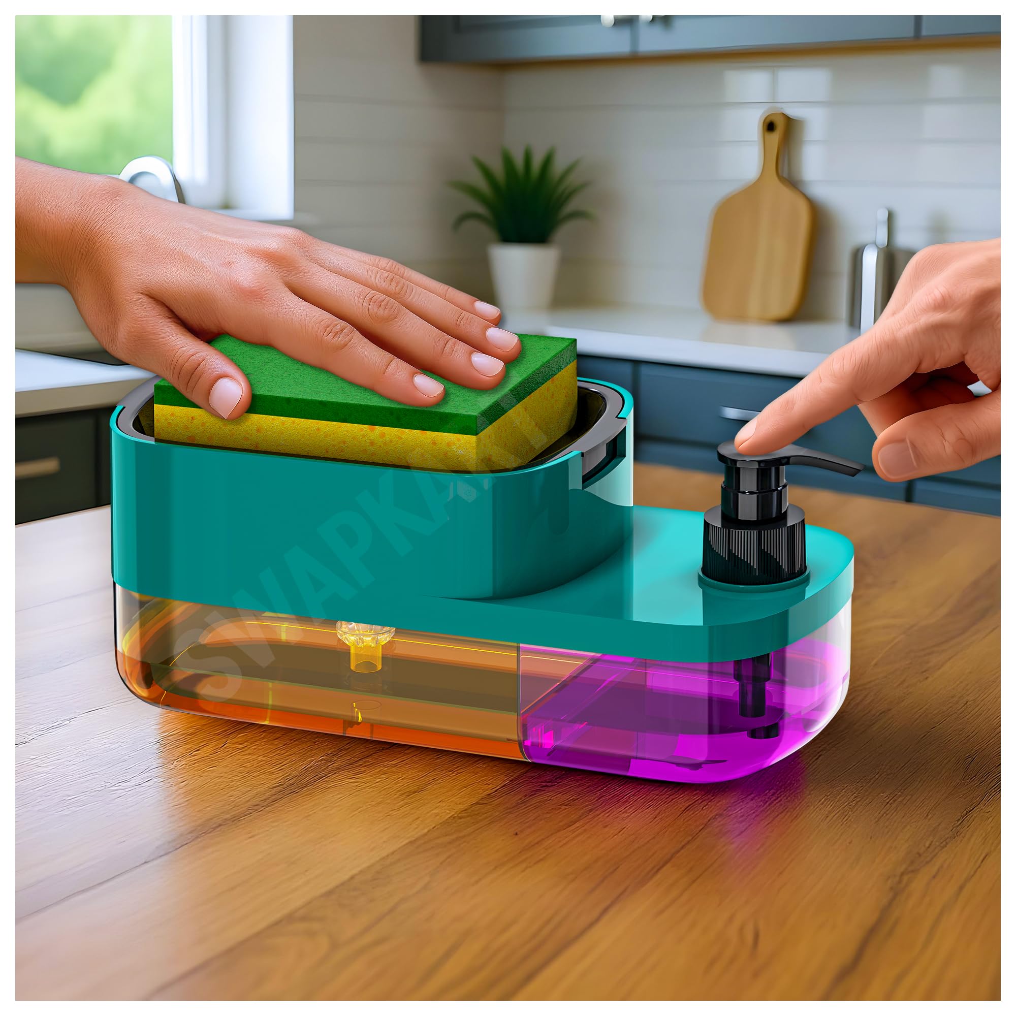 SWAPKART ABS 3 in 1 Soap Pump Dispenser Dish Soap Liquid Dispenser Sponge Holder Dish Soap Pump Dispenser for Kitchen Sink Countertop Bathroom Outdoor Garden(Peacock Colour)-image-9