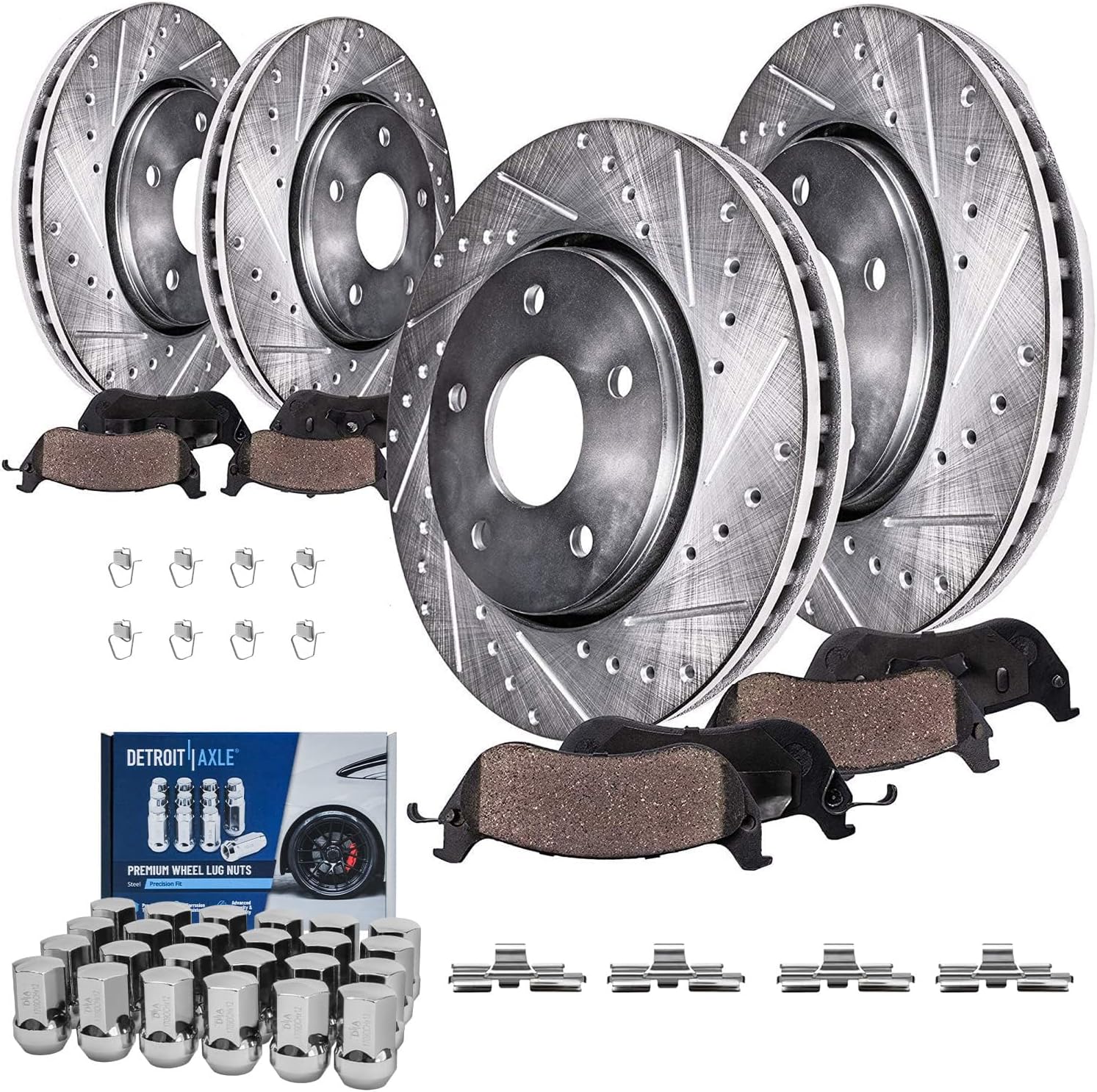 Detroit Axle - Brake Kit for 2013-2018 Ram 1500 Drilled & Slotted Disc Brake Rotors Ceramic Brakes Pads 24pc Wheel Lug Nuts 2014 2015 2016 2017 Front & Rear Replacement