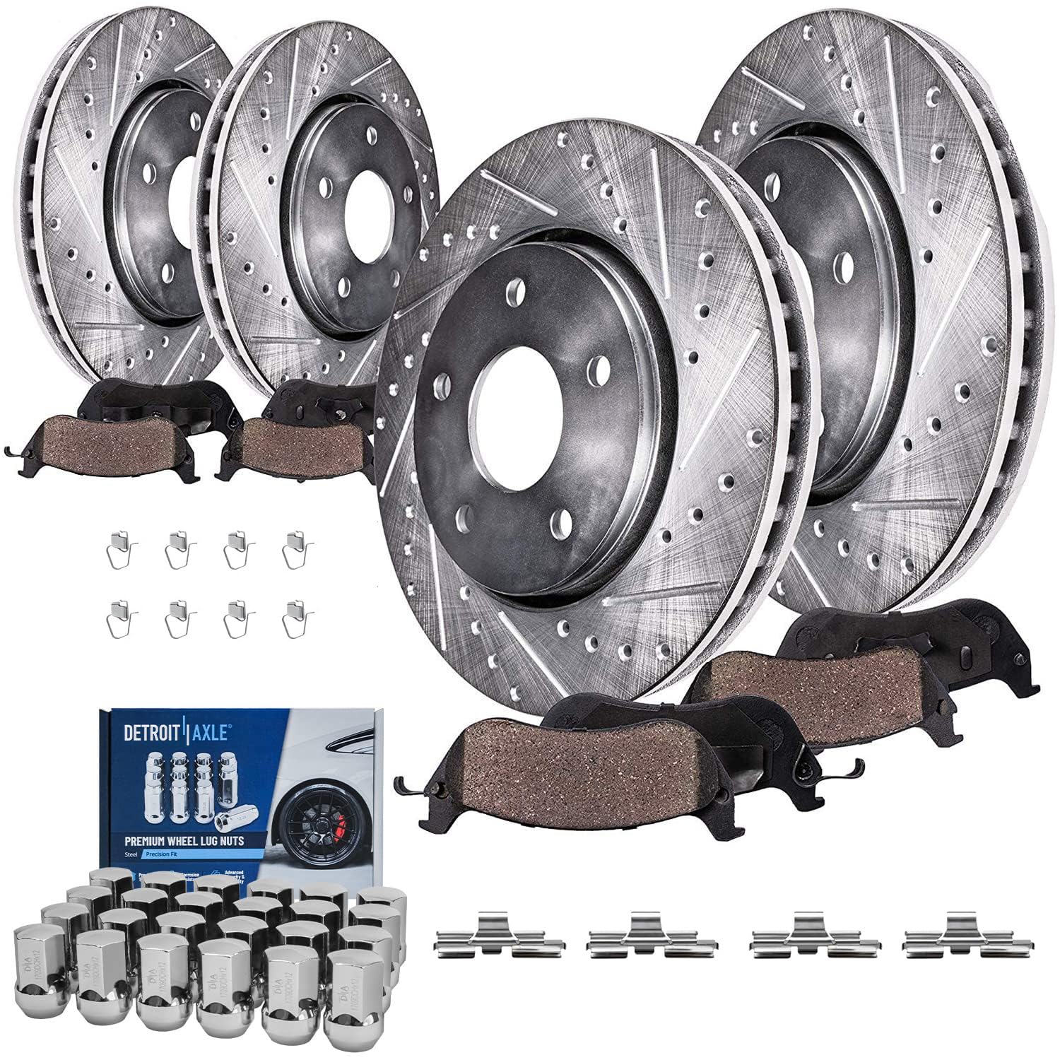Detroit Axle - Brake Kit for 2013-2018 Ram 1500 Drilled & Slotted Disc Brake Rotors Ceramic Brakes Pads 24pc Wheel Lug Nuts 2014 2015 2016 2017 Front & Rear Replacement