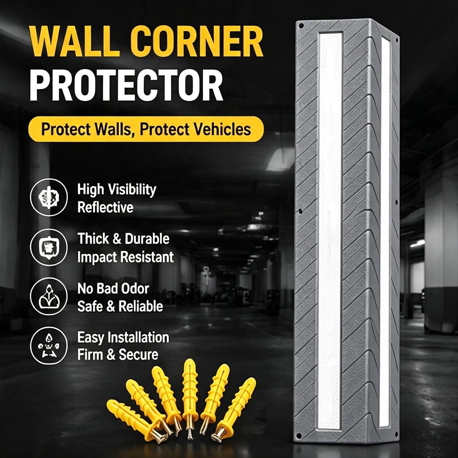 Paraspigoli Angolari, Gomma Sintetica, Pellicola Riflettente, Para Spigoli | Paracolpi Garage Auto da Muro, Profilo a L a 90°, 6 Tasselli a Espansione, per Garage/parcheggi/stabilimenti(Yellow)