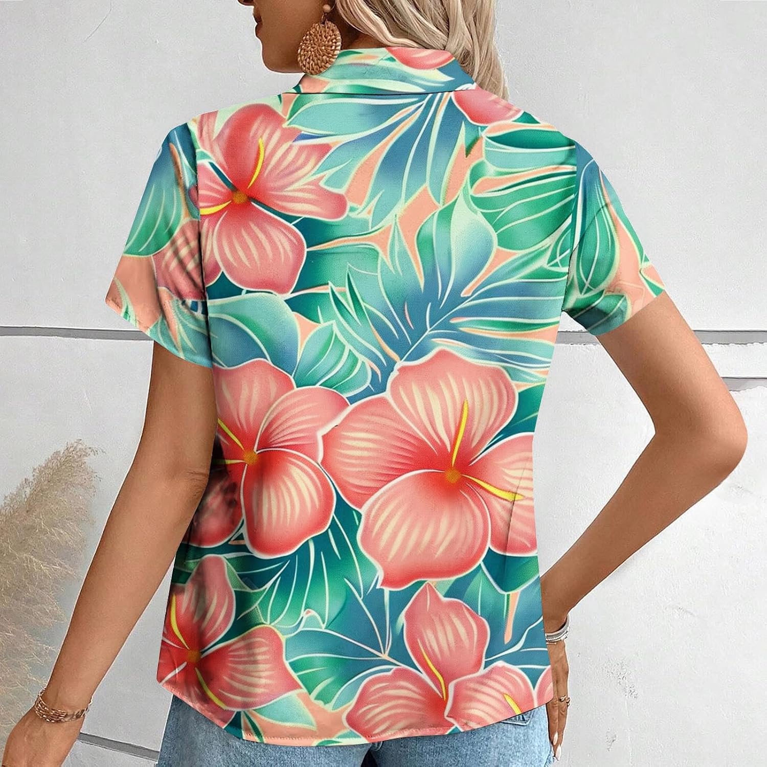 Summer Hawaii Shirts for Women Cool Floral Tropic Print V Neck Tops Button Up T-Shirt Trendy Beach Vacation Blouse