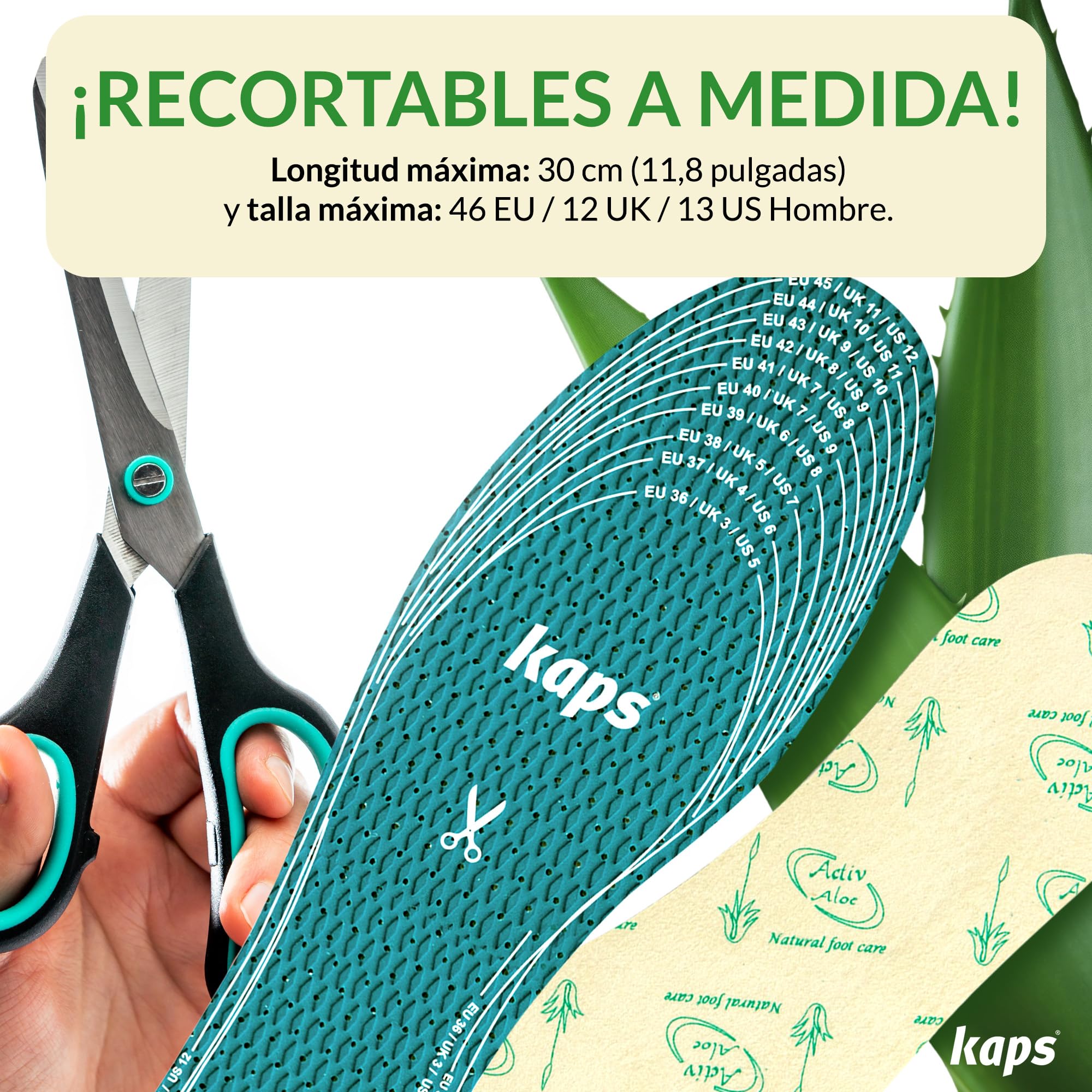 Kaps Plantillas Aloe Vera Ultra-Fresh Hombre y Mujer, Plantillas Zapatos Unisex Tacto Suave Transpirables y Antideslizantes - Para Cortar a Medida con Tecnología Antiolor - 6 Pares