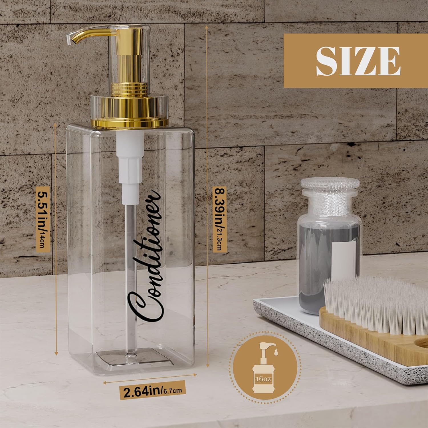 Akalin Shiny Shampoo and Conditioner Dispenser 16oz, Set of 3 Refillable Shampoo and Conditioner Shiny Bottles with Pump, 3 Clear Body Wash Dispenser for Shower, Gold Soap Dispenser Bathroom (Clear) - Image 3