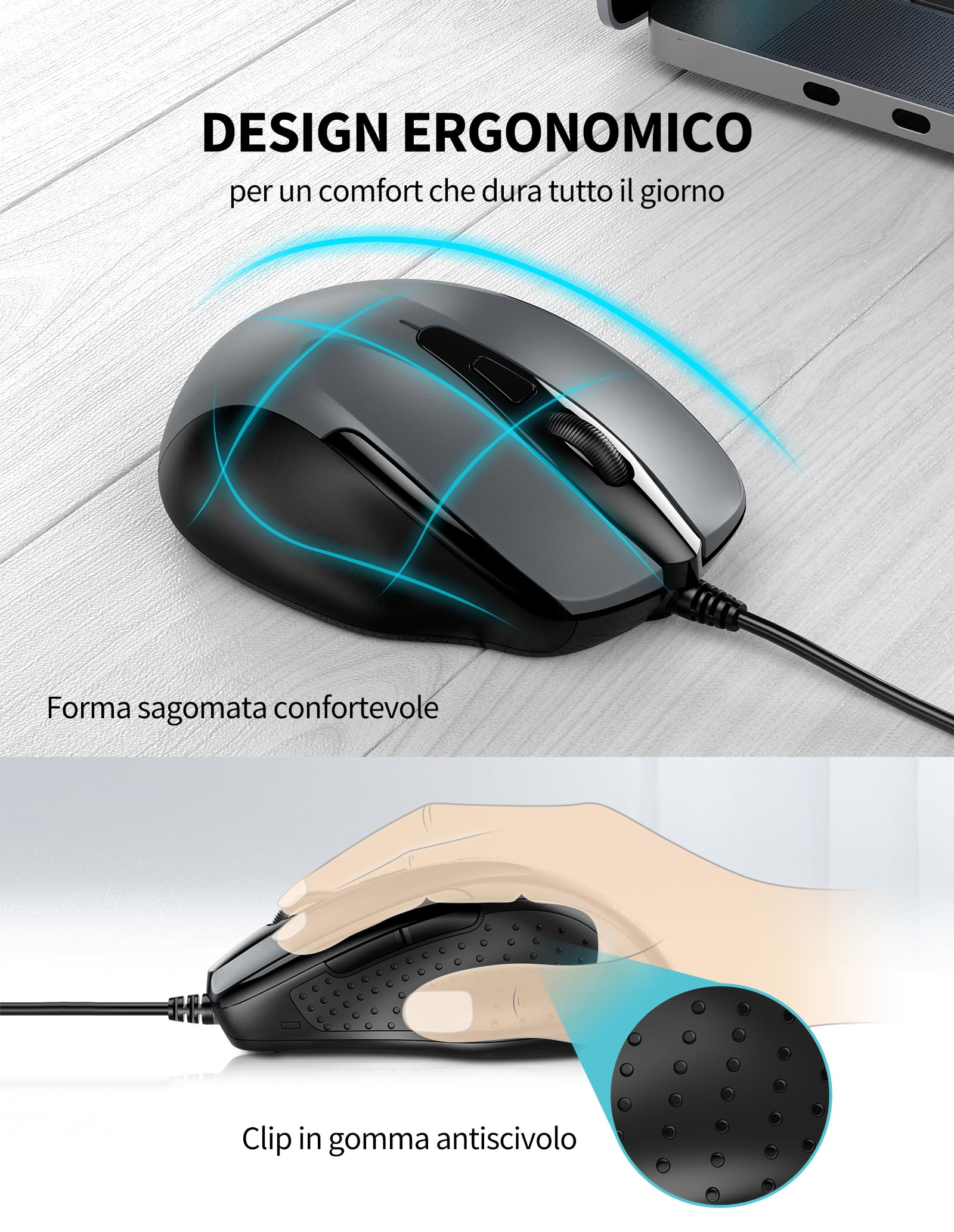TECKNET PRO Mouse con Filo, 6400 DPI Mouse Ottico Cablato, 6 Pulsanti, Cavo USB 1.5M, Plug and Play, Mouse Ergonomico con Filo per PC, Computer, Laptop, Mac Laptop - Grigio