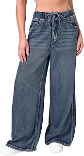 Pantalones de mezclilla de pierna ancha para mujer, cintura elástica con cordón y ajuste holgado