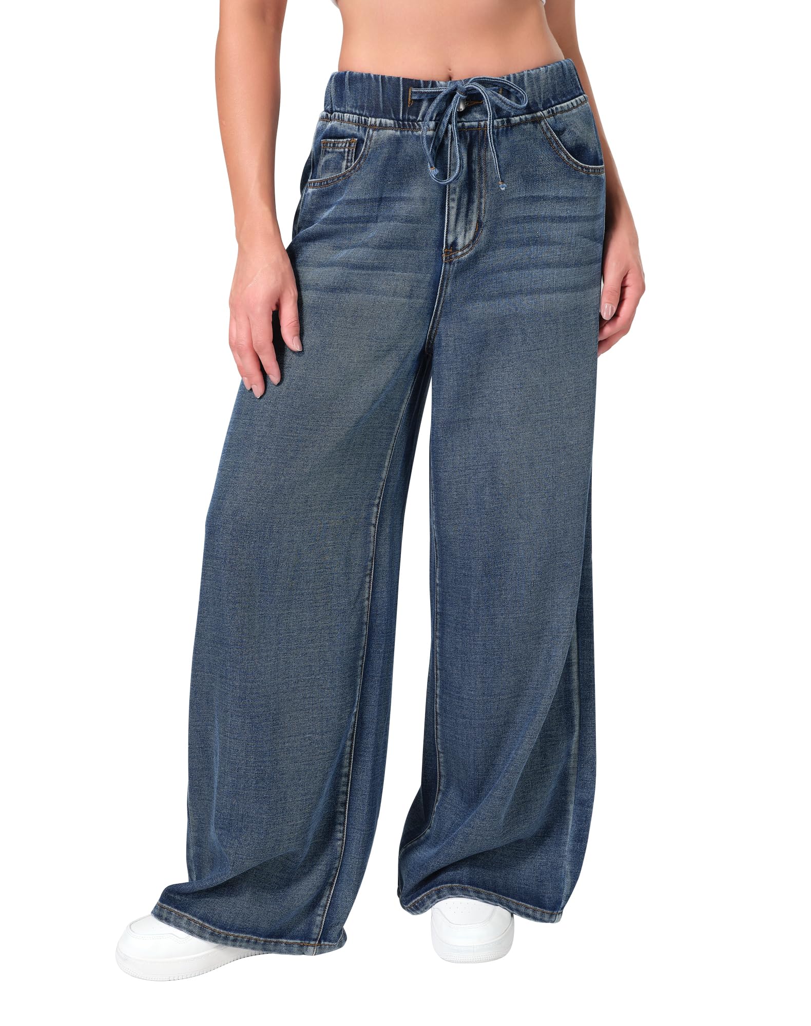 roswear Women's Wide Leg Jeans Sweatpants Elastic Waist with Drawstring Baggy Loose Fit Pants