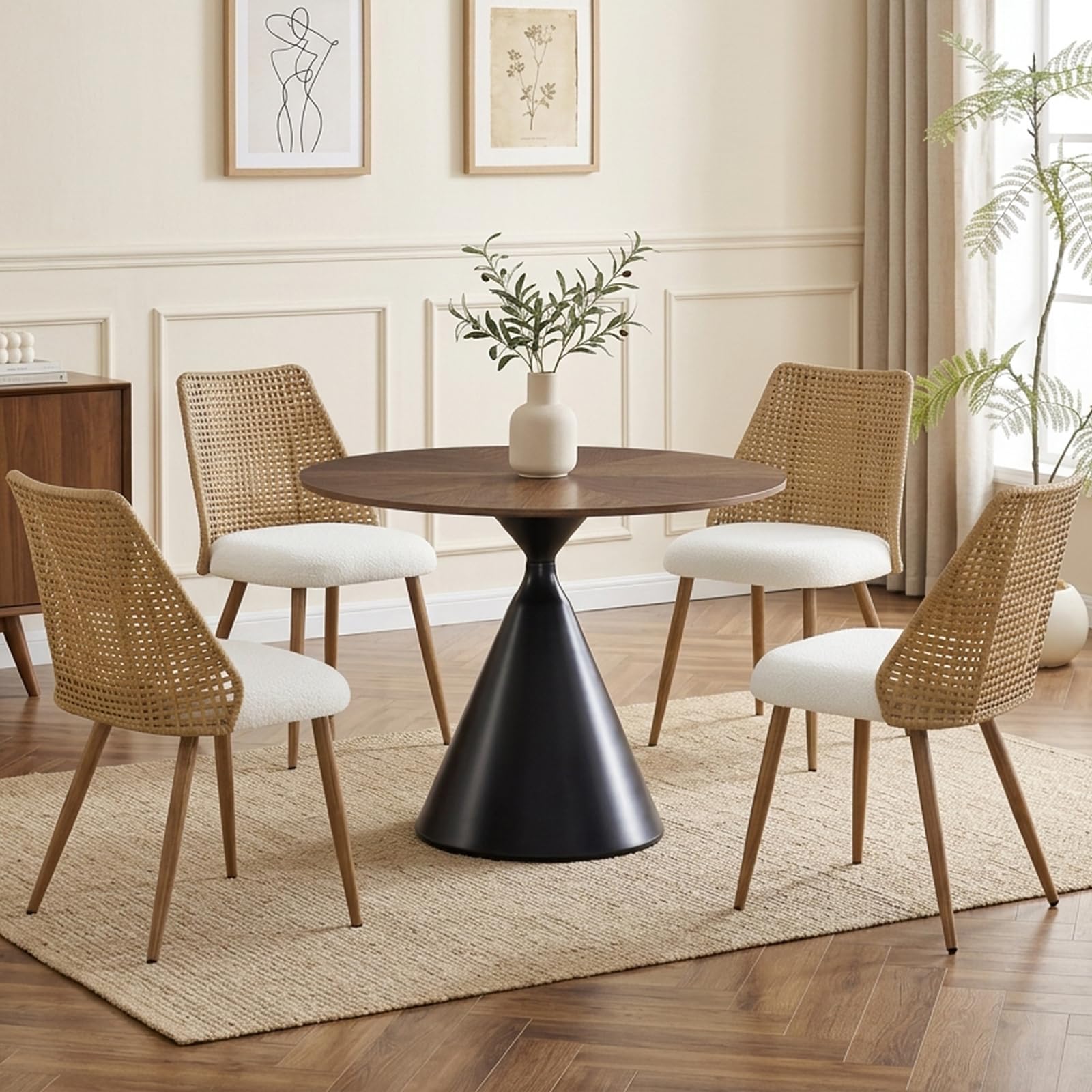 Rattan Dining Chairs Set of 4,Modern Upholstered Boucle Kitchen Room Chairs with PE Cane Back and Metal Legs for Kitchen/Restaurant,Brown Style1