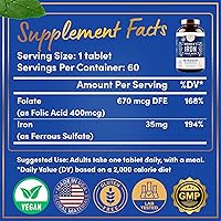 Vista 2 de Suplementos de hierro y ácido fólico para mujeres, 35 mg de vitamina de hierro suave, ácido fólico 400 mcg, anemia, período, suplemento de apoyo