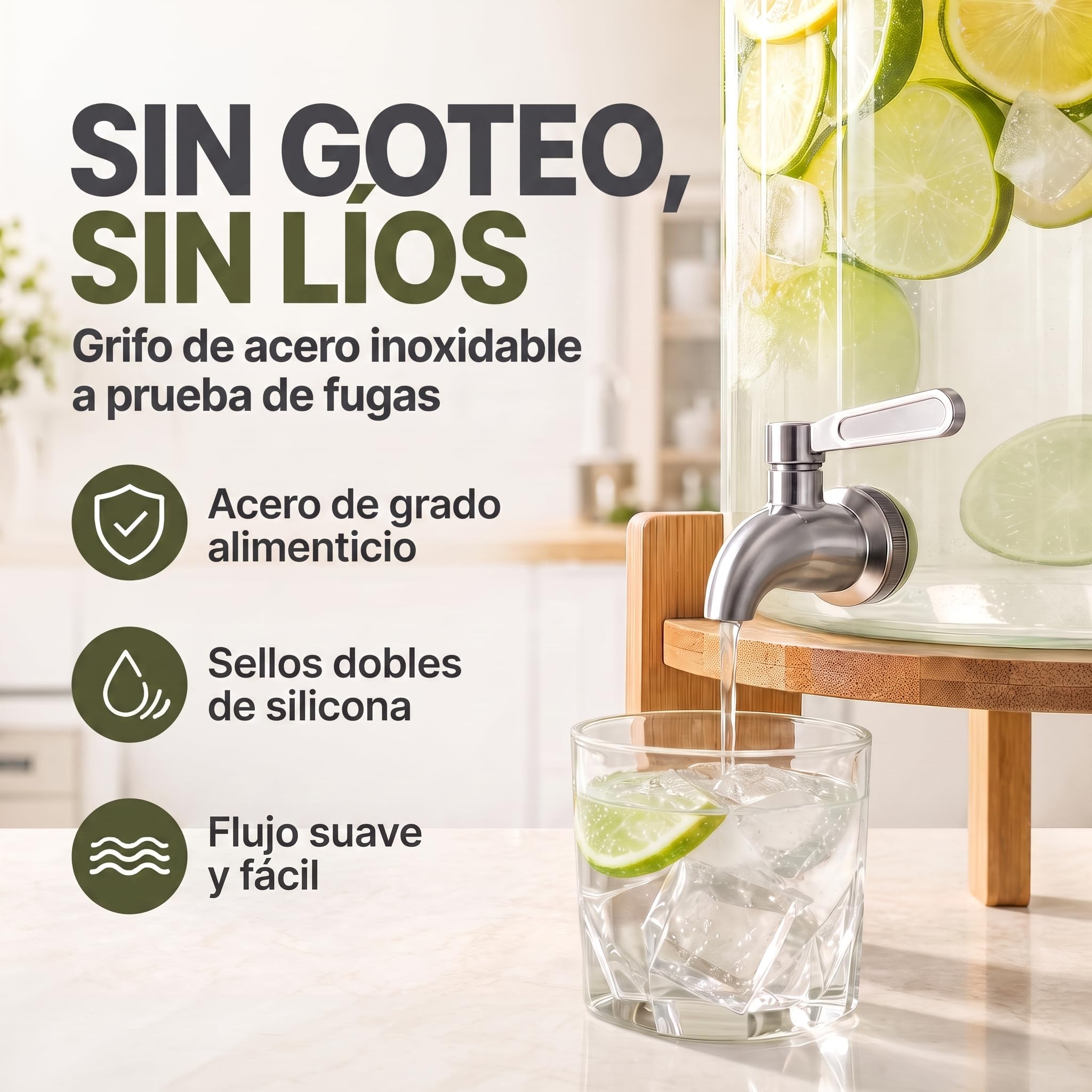 DIMONO® Dispensador de Bebidas de Vidrio con Grifo, 8 L | Vidrio borosilicato resistente al calor - grifo antigoteo de acero inoxidable - soporte y tapa de bambú