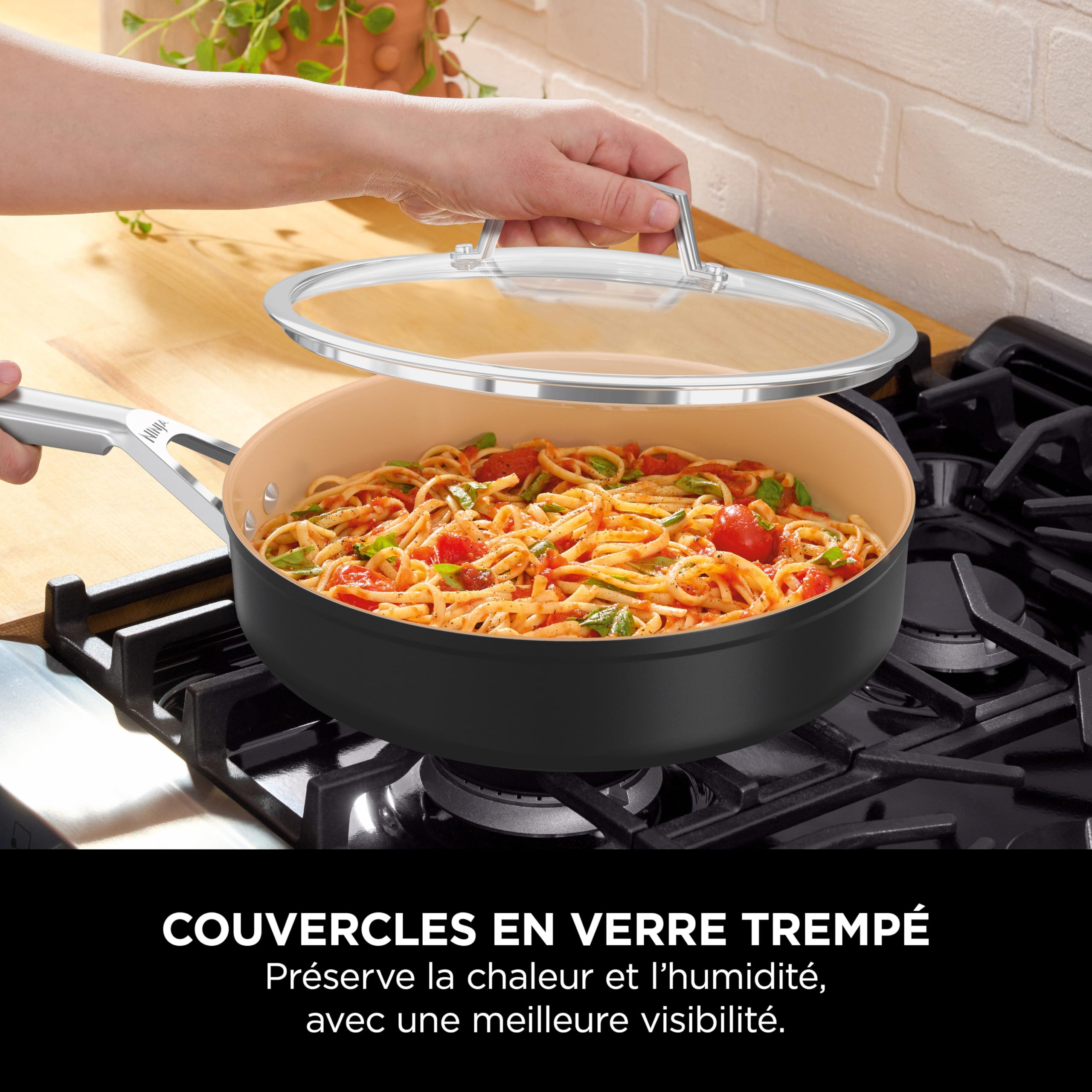 Ninja Extended Life casserole en céramique 18 cm avec couvercle CW90218EUI | Antiadhésive, (Sans PFAS, PFOA, Plomb ni Cadmium), Compatible induction et four jusqu’à 285 °C, Terracotta et gris