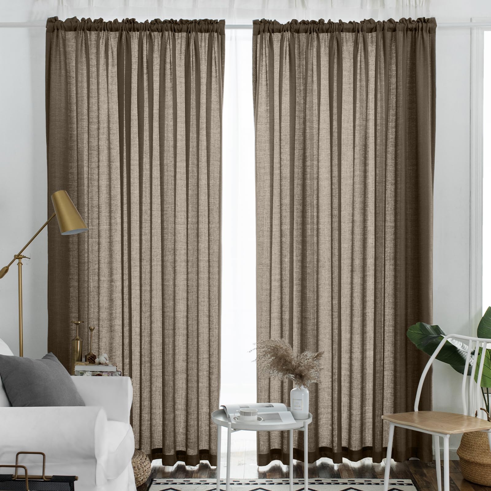 Rideaux semi-transparents pour salon et chambre rustique marron foncé Melodieux