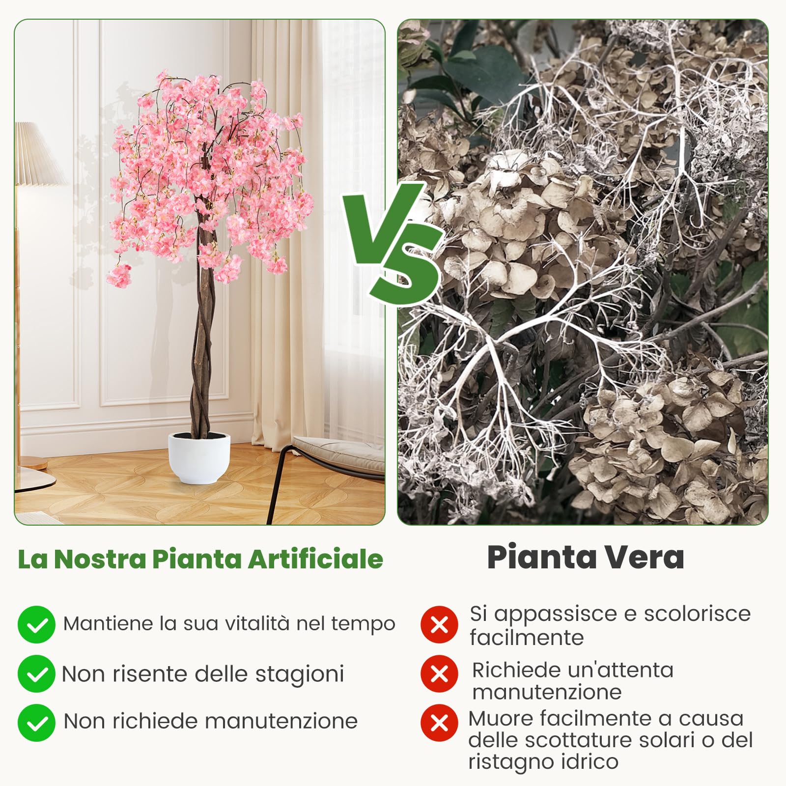 COSTWAY Albero di Ciliegio Artificiale 163 CM, Pianta Finta da Interno con Vaso in PP Riempito con Cemento, Fiori in Tessuto, Decorazione per Ufficio, Casa e Veranda (Rosa)