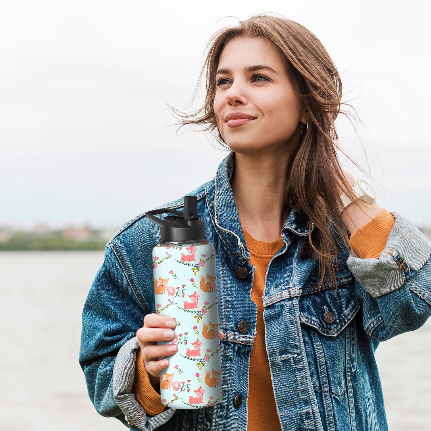 40oz Fox Water Bottle with Handle and Flip Straw, Sports Stainless Steel Insulated Cup Travel Coffee Mug Tumbler, Birthday Mothers Day Chritmas Gifts for Women - Image 6