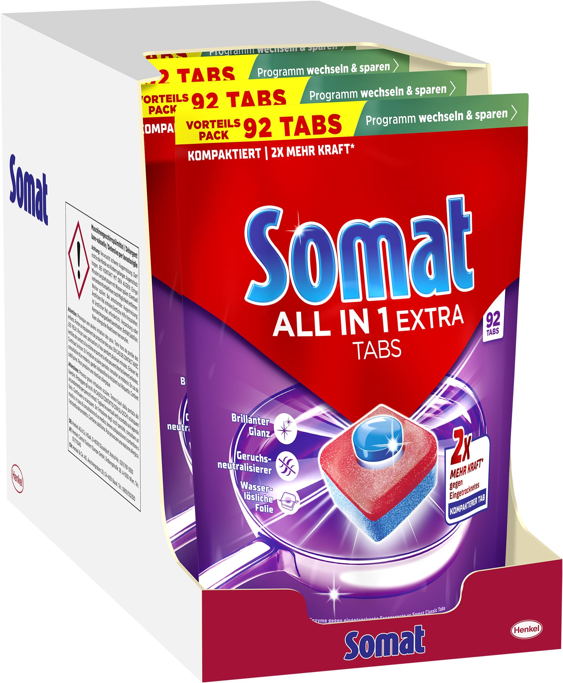 Somat ALL IN 1 EXTRA Spülmaschinentabs (4x92 AW), Geschirrspültabs für strahlend sauberes Geschirr auch im Niedrigtemperatur-, Kurz- & Eco-Programm, entfernt Eingekrustetes, sorgt für brillanten Glanz