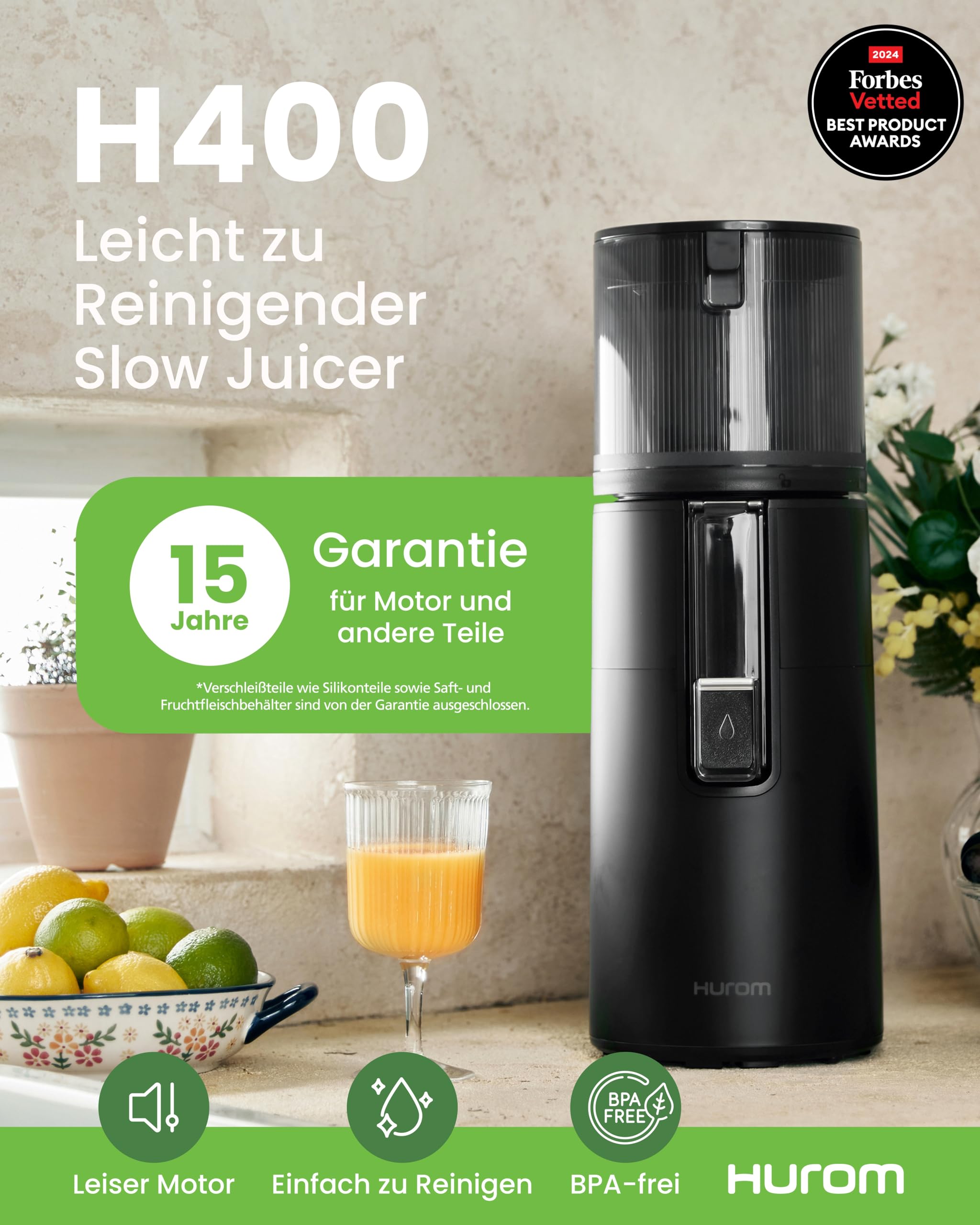 Hurom Slow Juicer | Entsafter Gemüse und Obst | H400 | Leicht zu Reinigen & Leiser Motor Elektrischer Entsafter mit großem Behälter und Siebfilter 2L | 150 Watt | BPA Frei | Schwarz