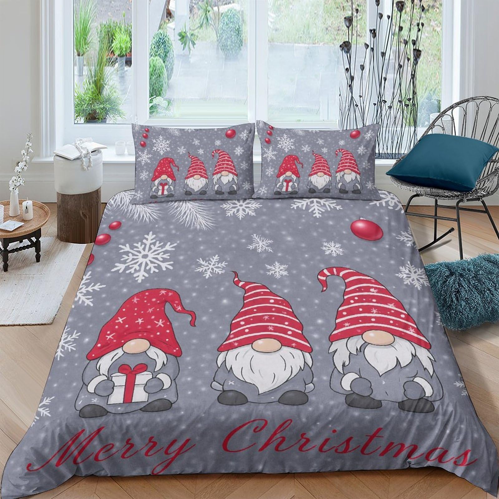 Ctjqhvkz Style-1 3D Printed Christmas Gnome Fitted Sheet Microfiber Soft Grey Red Snow Bedroom Bed Cover Anti-Slip Machine Washable Decor Single（135X200cm）