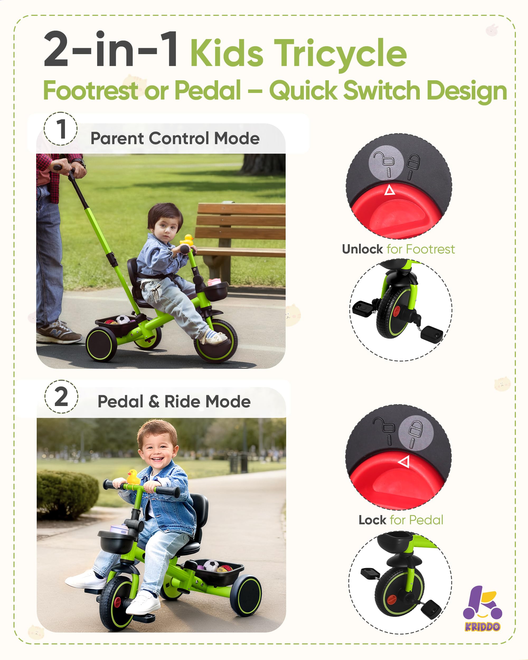 Triciclo 2 en 1 para niños pequeños de 1.5 a 5 años, triciclo de empuje con dirección para padres y mango desmontable, manubrio ajustable de 9 etapas, triciclo para niños pequeños con cinturón 2