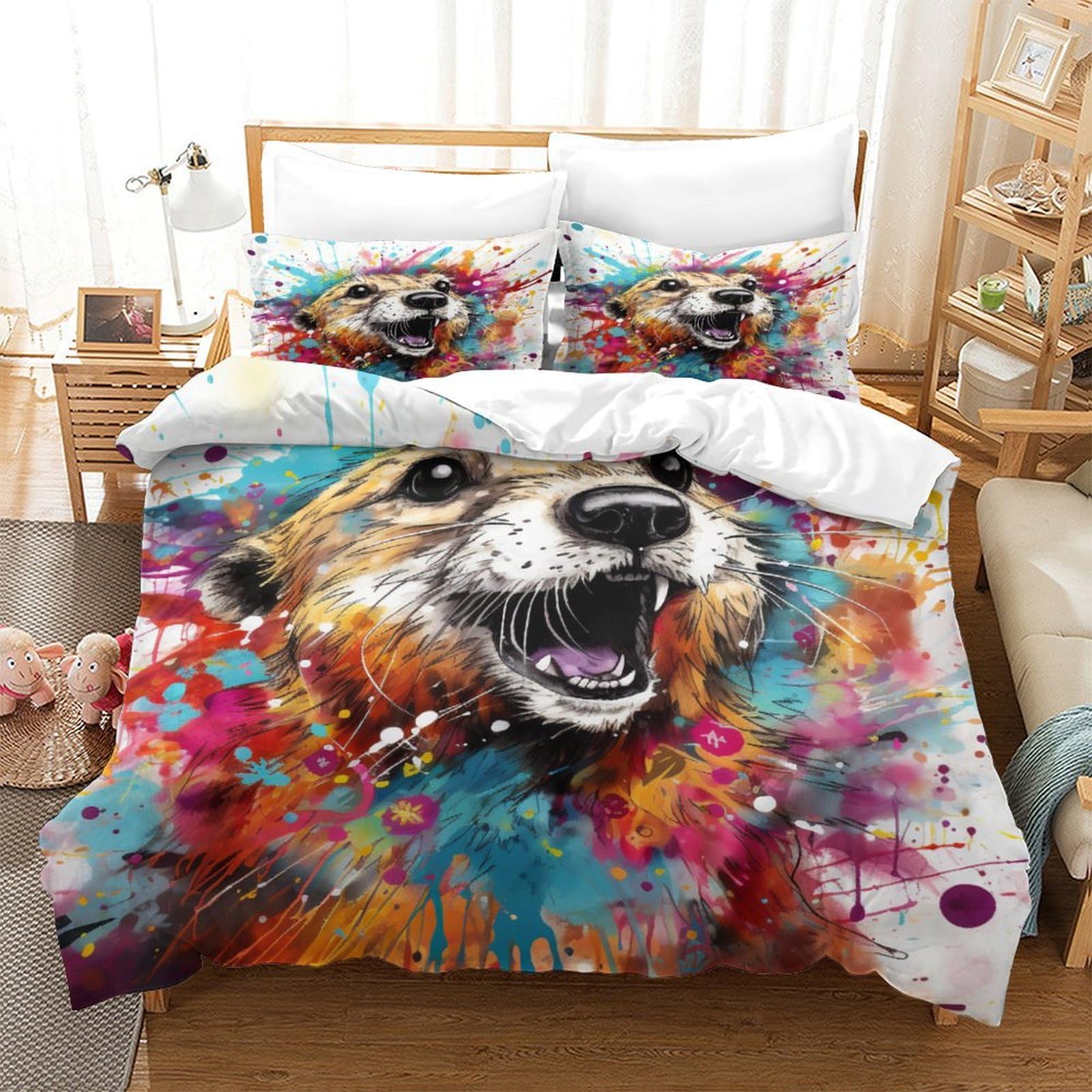 P1S9U7W5Y Colorful Artistic 3D Printed Bear Duvet Cover Set 3 Pieces Microfiber Bedroom Decor Painted Bear Bedding Set for Adults Teens All Seasons King（220x240cm）