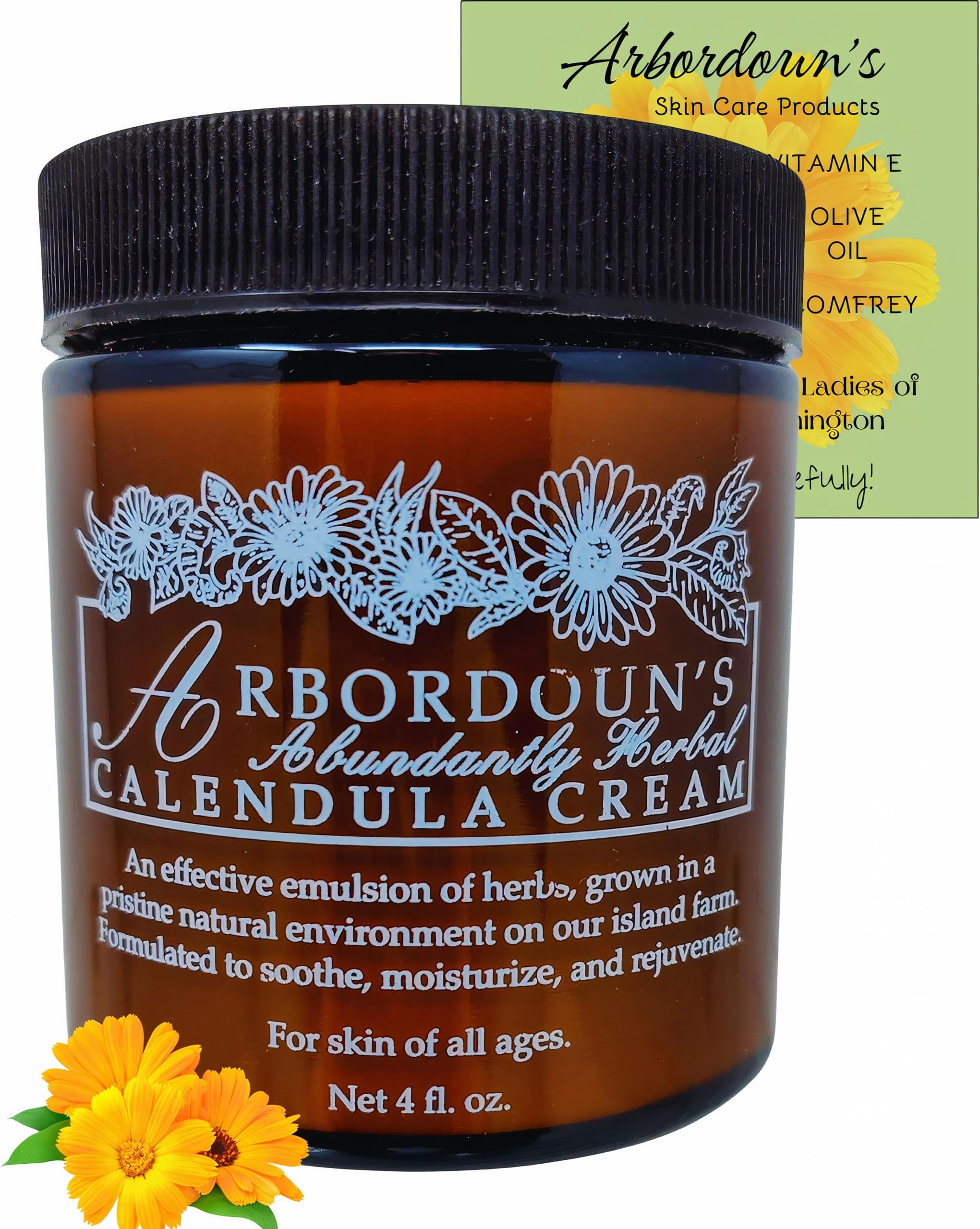 "Calendula Cream 4oz Amber Jar Contains Comfrey, Oregon Grape, Aloe, Beeswax. Tattoo Aftercare Kit Essential. Soothing Eczema Salve. Home Grown and Hand Poured Since 1984 Arbordoun Ingredients Insert"