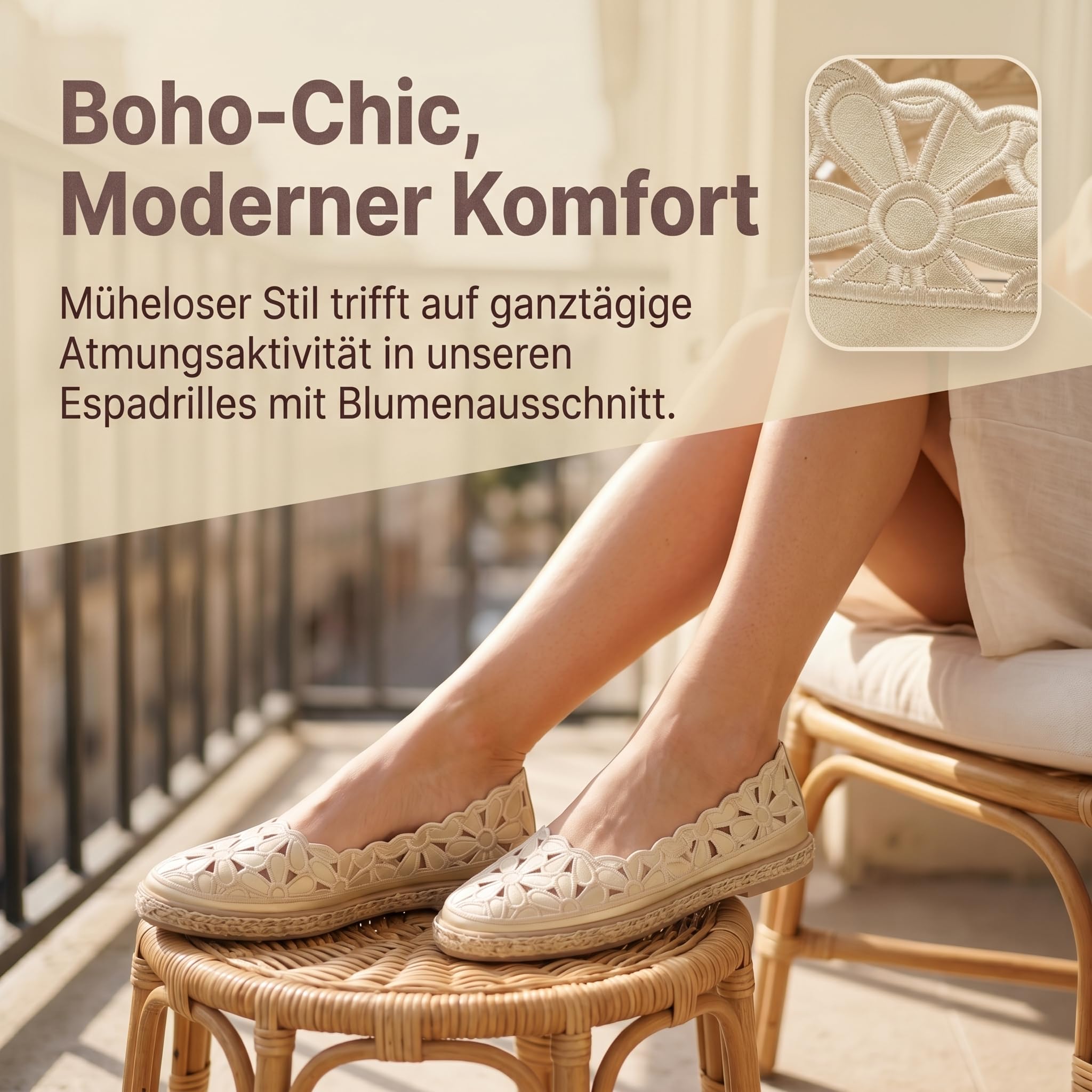 GLAMORA Damen Espadrilles mit Blumenausschnitt, Atmungsaktive Sommer Ballerinas, Bequeme Flache Schuhe für Freizeit und Alltag