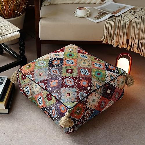 Miniatura 10 de Funda de puf bohemio sin relleno, reposapiés otomano, taburete indio mexicano, puf, almacenamiento para sala de estar, decoración de dormitorio Boho