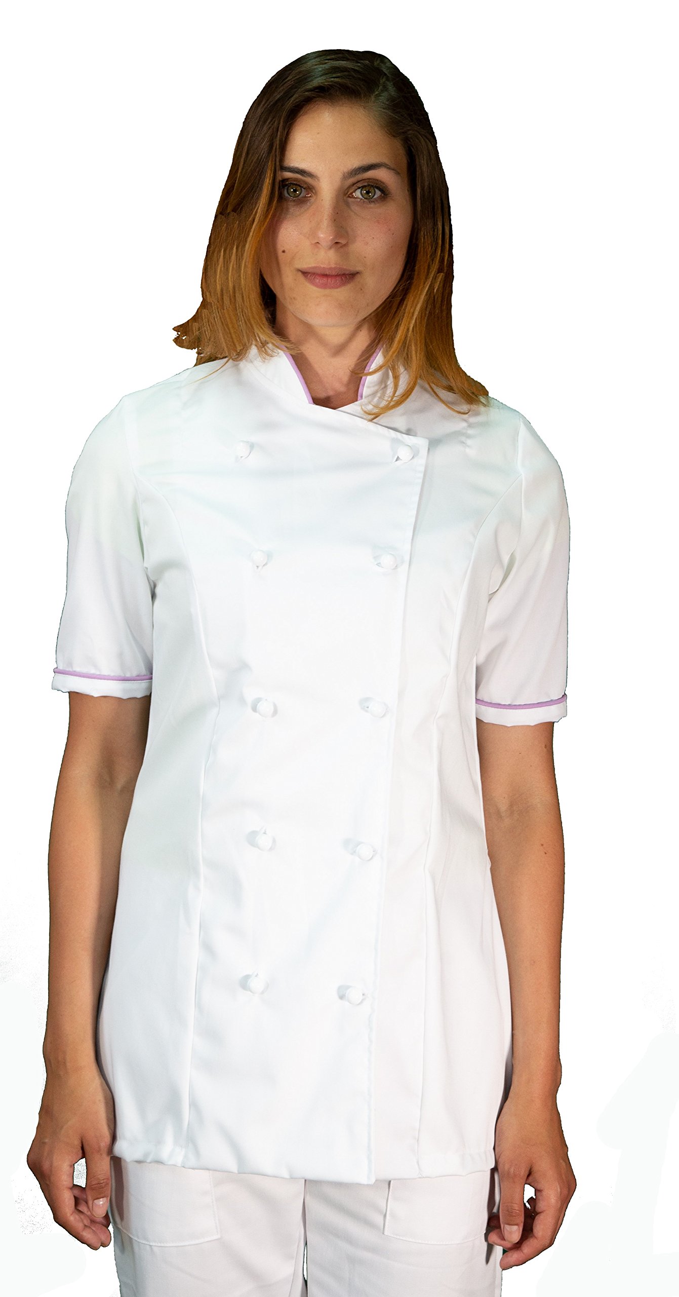 RICAMO GRATUITO - Divisa Cuoco Donna - Bianca e Lilla - 3PZ - Giacca Manica Corta, Pantalone e Grembiule - Completo per Cucina e Ristorante - Made in Italy