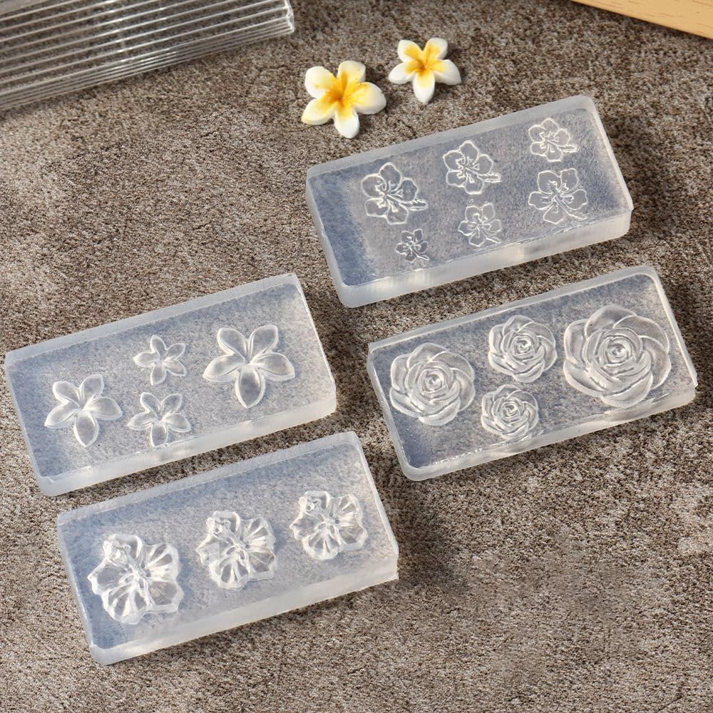 4pcs Flower Nail Charms Silicone Molds 3D Gel Nail Art Mold Plumeria Cherry Blossom Rose Petunia Nail Mold Nail Flowers Carving Mould Floral Nail Stencils DIY Nails Charms Nail Tools Nail Supplies