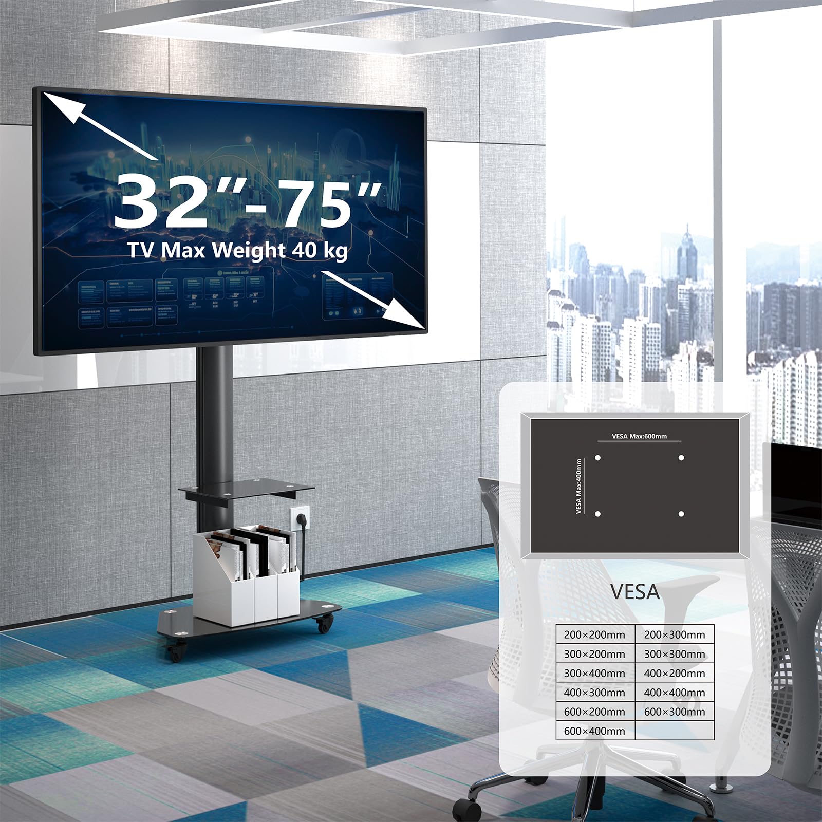 Proton Support TV Mobile sur roulettes avec étagère, Noir, Base en Verre, 209 cm