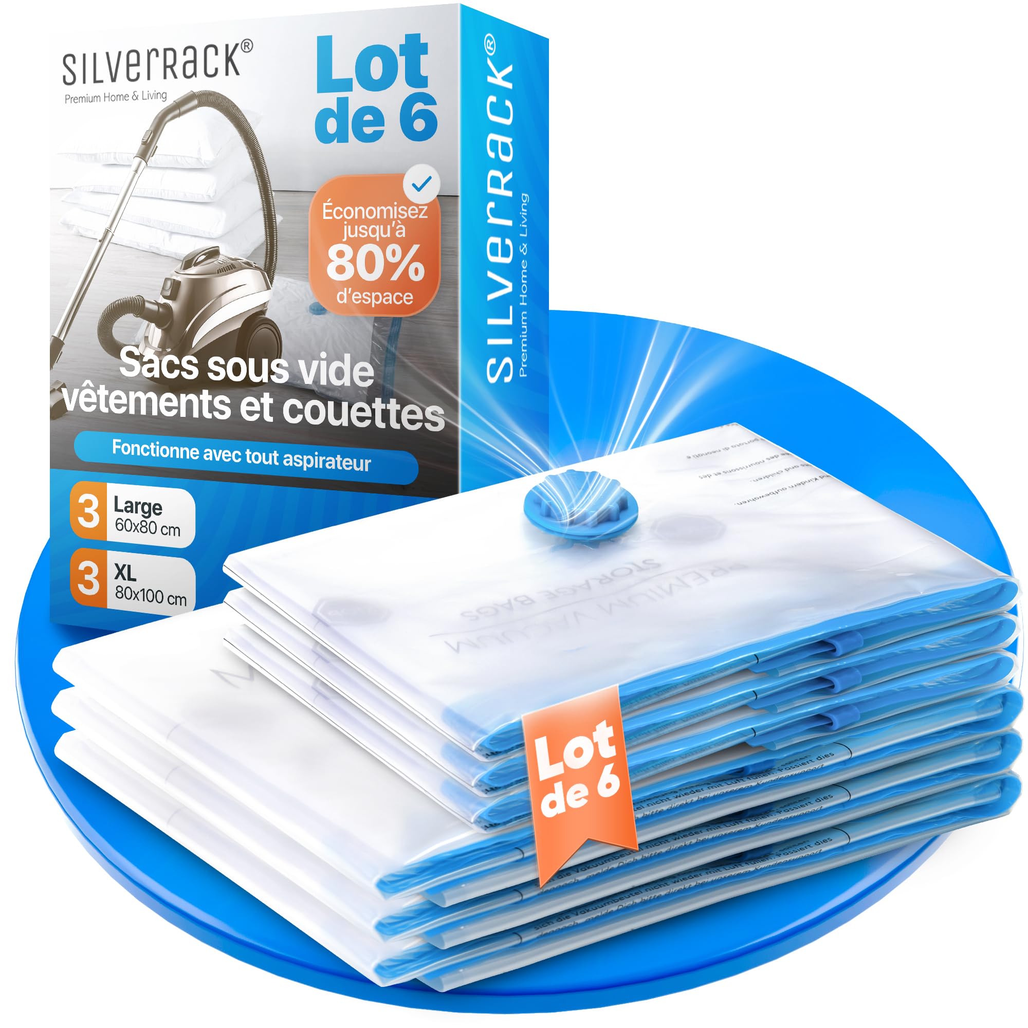 SilverRack Ensemble de Sacs de Rangement sous Vide [6 Pièces] en 2 Tailles (3x 60x80 cm / 3x 80x100 cm) - Sacs de Rangement sous Vide pour Vêtements et Couettes - pour Vêtements