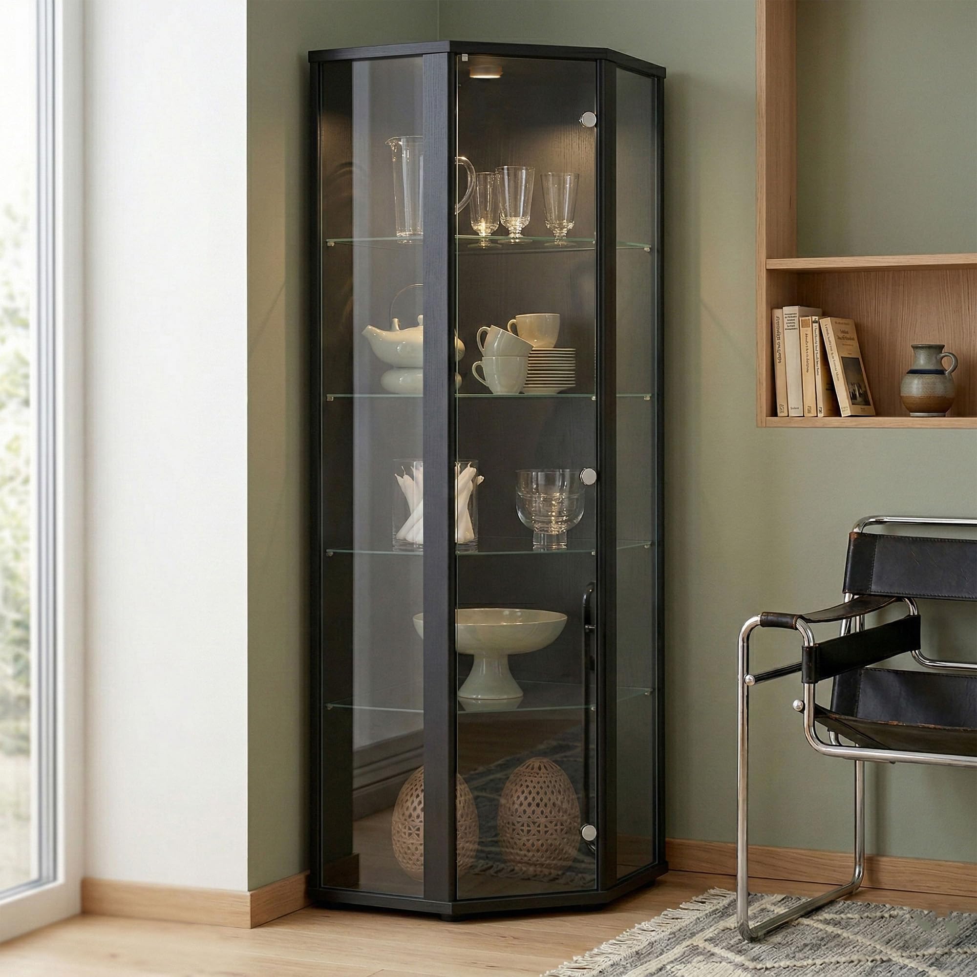 Vitrina de Esquina Negra (176x56,5x56,5cm) con 4 estantes de Cristal y LED Vitrina para maquetas de Coches Negra Vitrina Aspecto Madera Vitrine de coleccionista Cristal