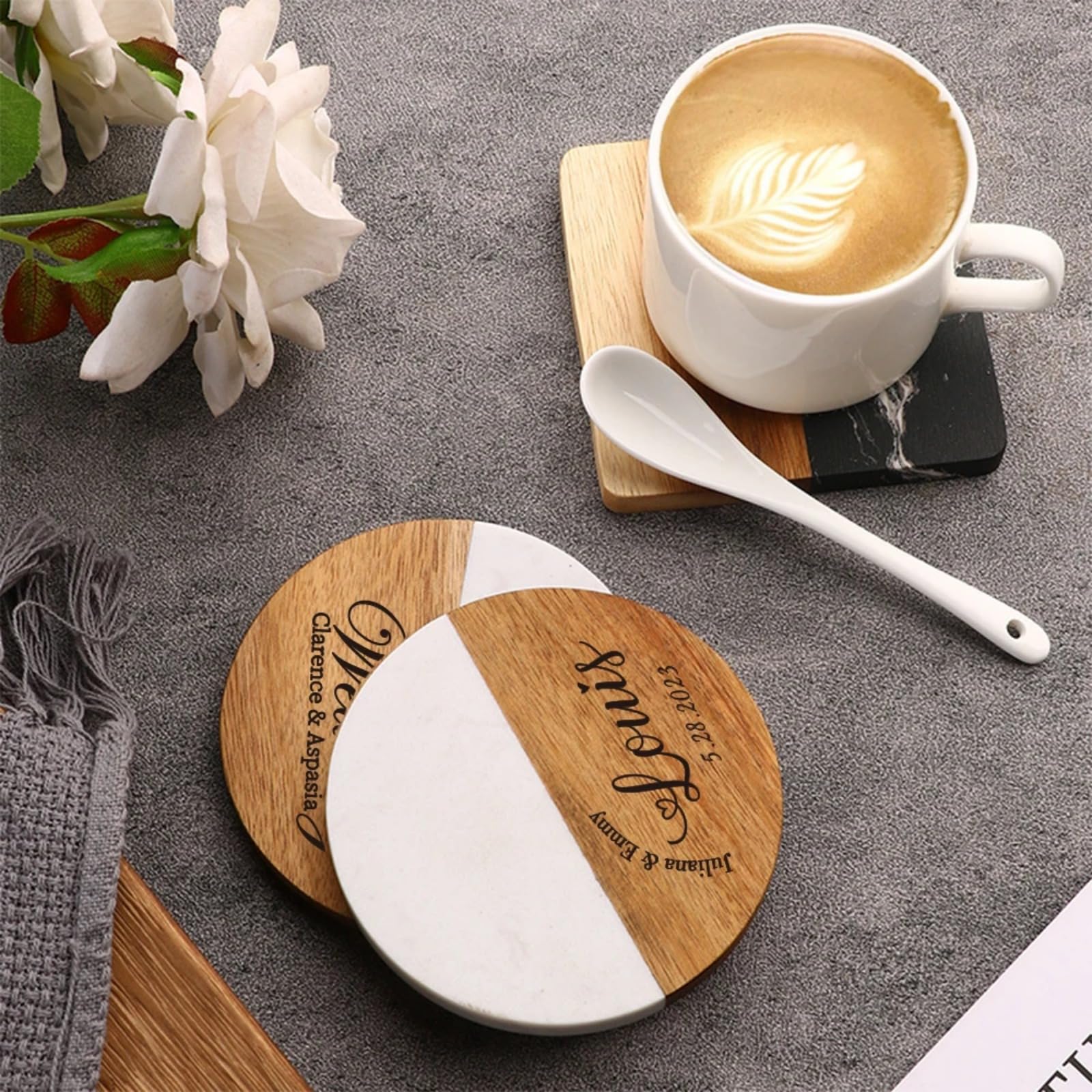 ZXH Posavasos de madera personalizados para regalos de boda, con nombre personalizado, grabado, decoración de boda, regalo de inauguración de la casa, decoración de cocina (6 piezas)