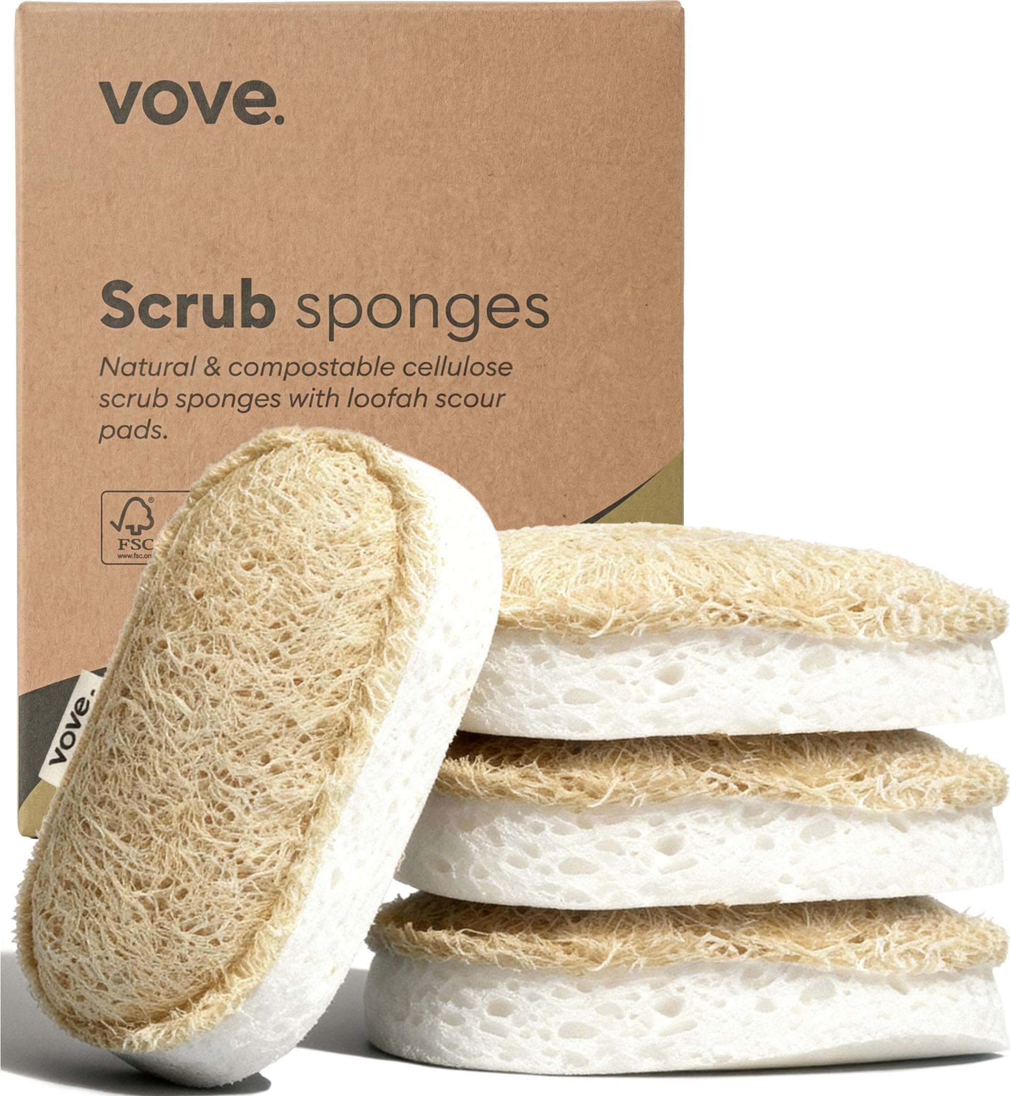 – Washing Up Sponges, Pack of 4, Cellulose & Cotton with Natural Loofah, Eco-Friendly Loofah Kitchen Sponges, Bathroom Scrubbing Pads, FSC-Certified Packaging