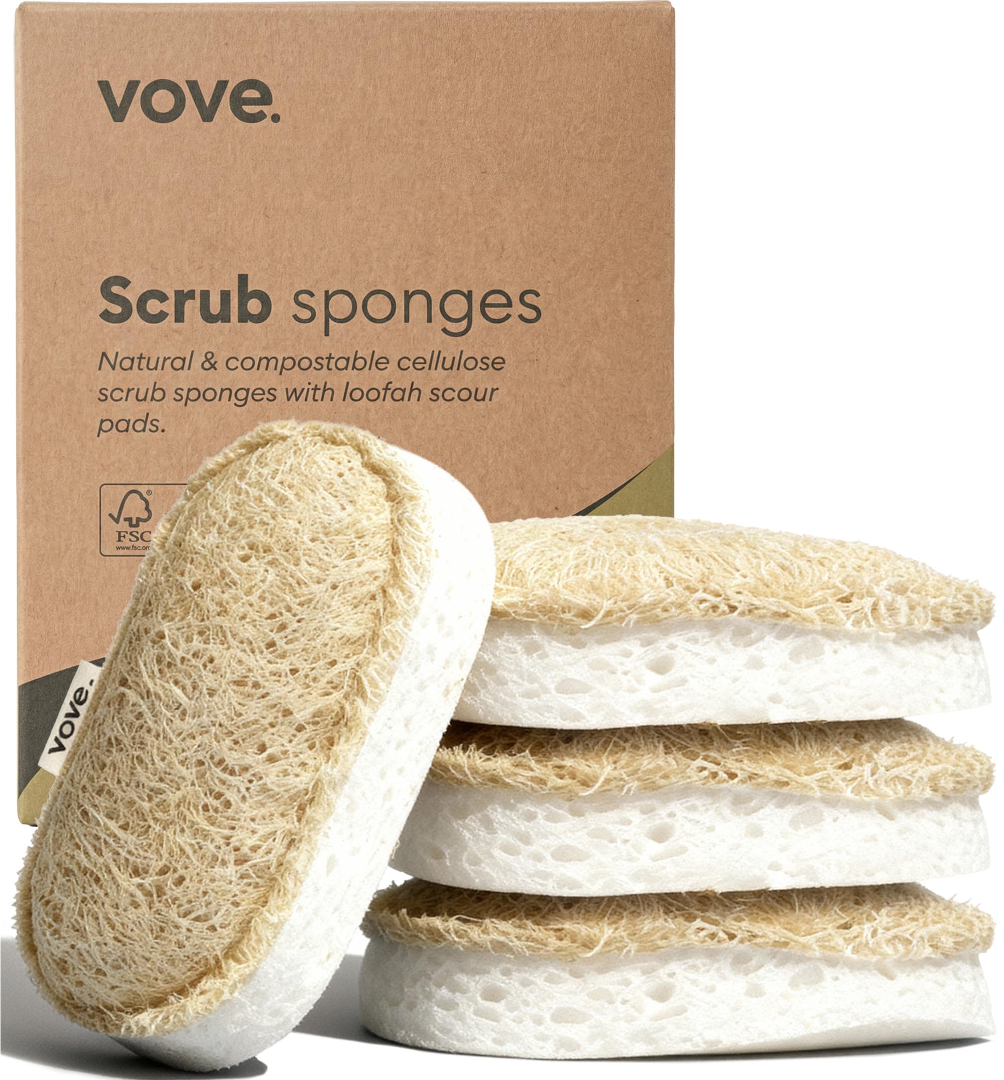 Vove Washing Up Sponges, Pack of 4, Cellulose & Cotton with Natural Loofah, Eco-Friendly Loofah Kitchen Sponges, Bathroom Scrubbing Pads, FSC-Certified Packaging