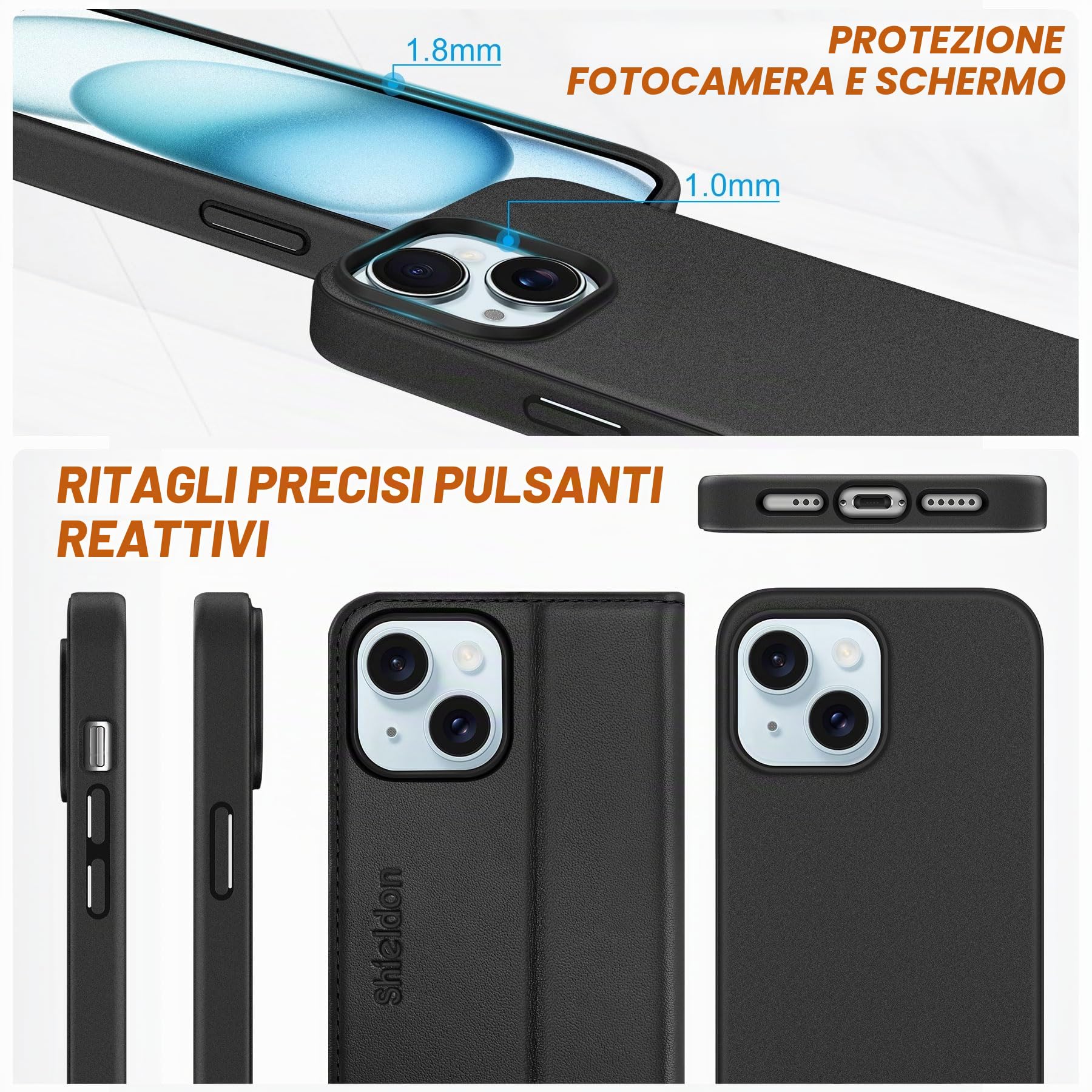 SHIELDON Custodia 2 in 1 in Vera Pelle per iPhone 15 6,1" 5G 2023, Nero