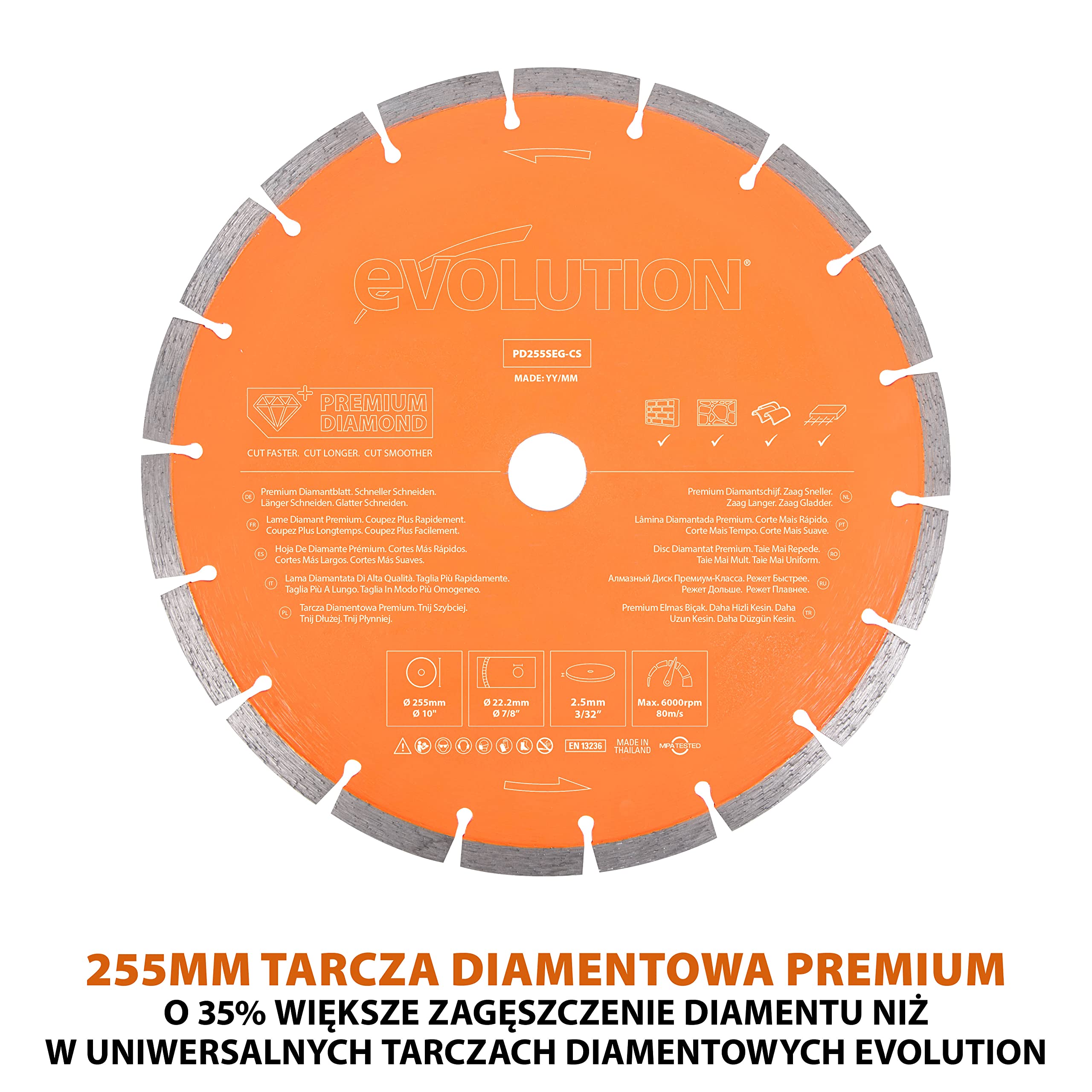 Evolution Power Tools Przecinarka tarczowa R255DCT do betonu, cegieł, płytek, kamienia, płyt chodnikowych – elektryczna, bez benzyny/gazu, z tarczą diamentową Premium, 230 V