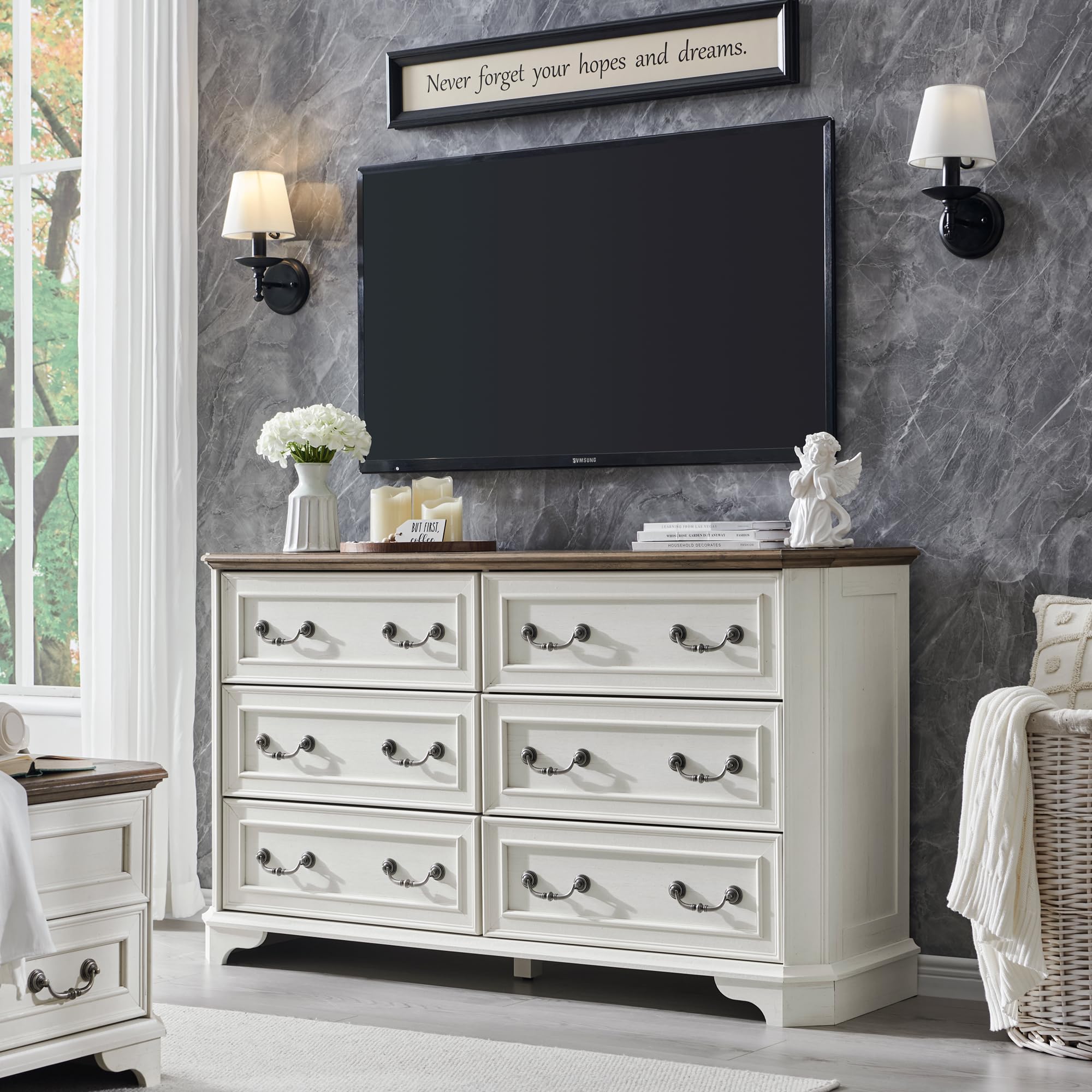 Landhaus Kommode mit 6 Schubladen für Schlafzimmer, 137 cm breite rustikale Holzkommode mit natürlicher Textur, Vintage Design, Sideboard Organizer für Wohnzimmer, Antik Weiß